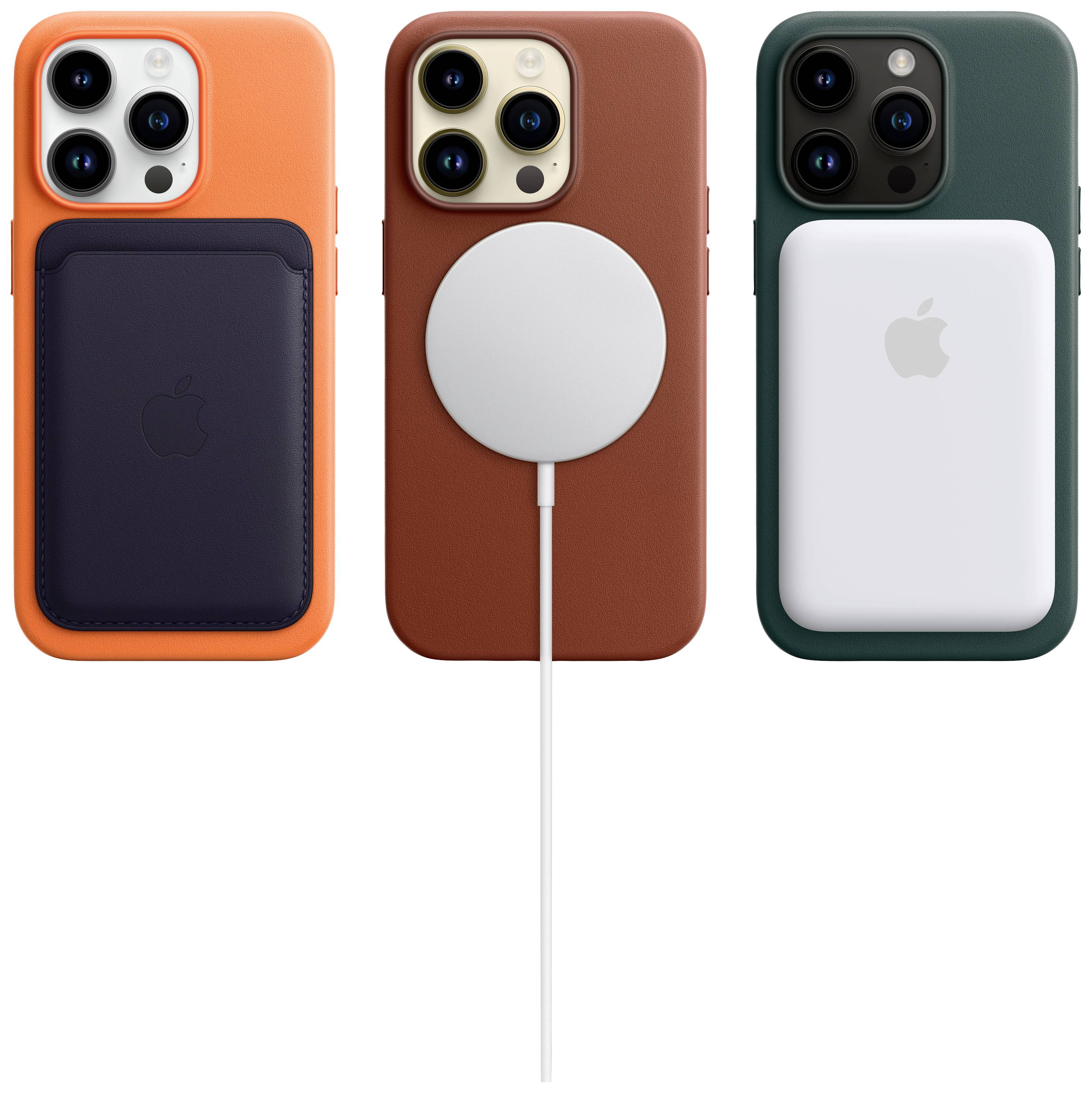 Three smartphones with different cases and charging accessories: Orange with card holder, Brown with charging cable, Dark green with charger.