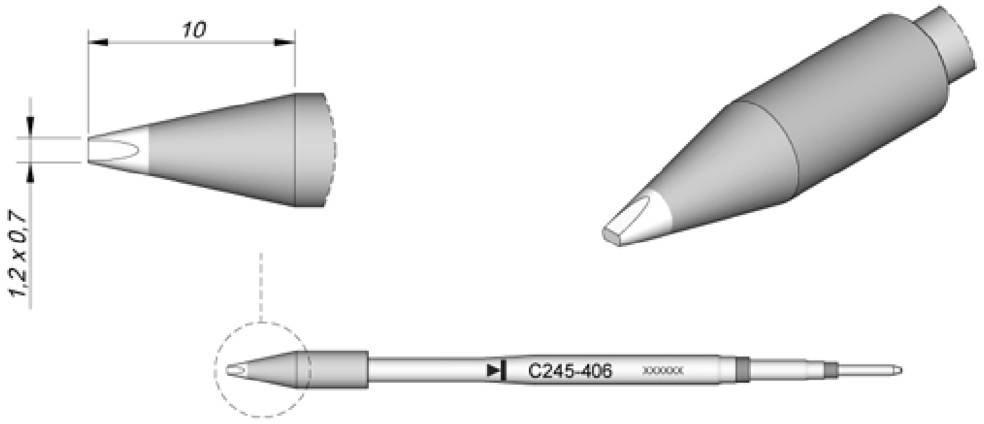 Soldering Tip in Detail: Dimensions 10 mm length, 12 x 0.7 mm diameter. Model number 'C245-406'. Suitable for precise soldering.