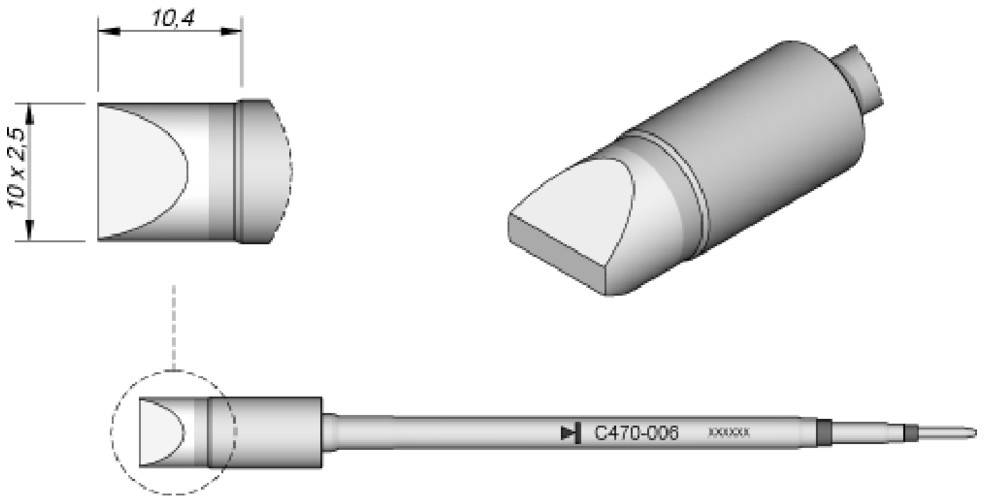 Technical drawing of a soldering tip attachment with dimensions: 10.4 mm length, 10 mm width, 2.5 mm height. Model C470-006.