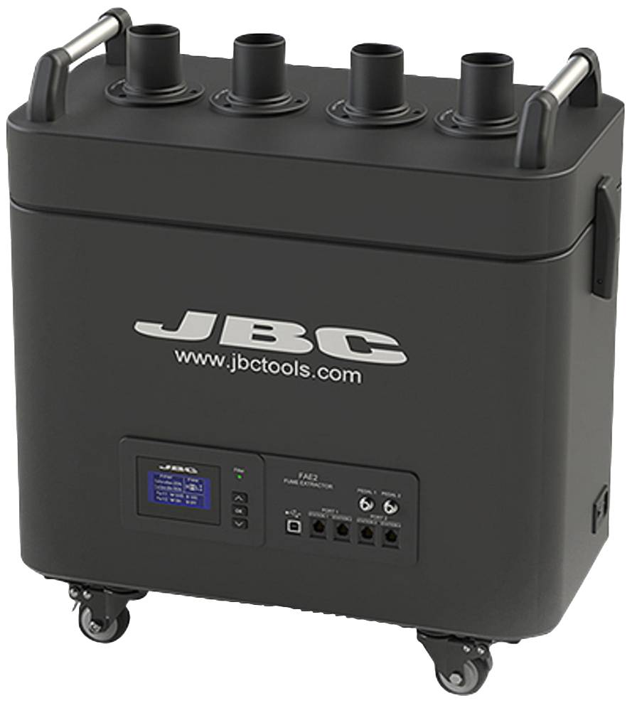 Black JBC-FR-4000 fume extractor with four ports, suitable for industrial soldering systems and mobile use on castors.