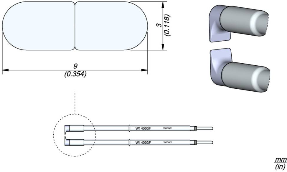 Technical drawing of plugs: View of connections from above and from the side, with dimensions given in millimetres and inches.