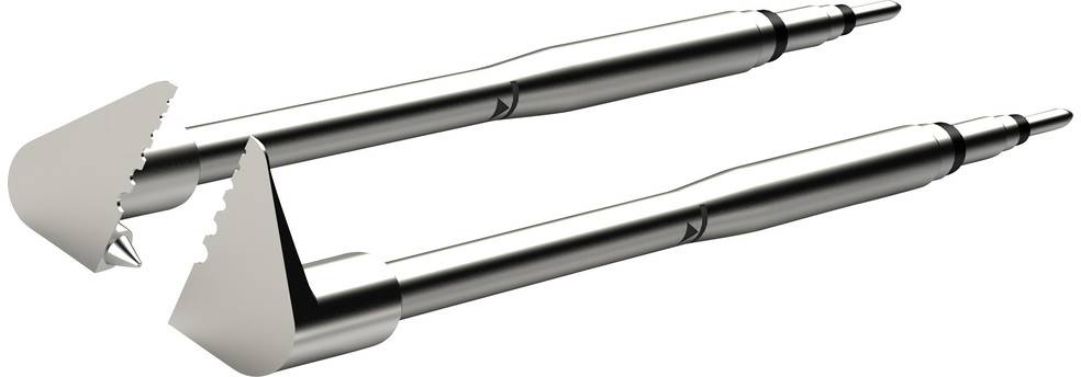 Two silver surgical instruments with serrated tips lie parallel to each other. They appear to be designed for precise procedures.