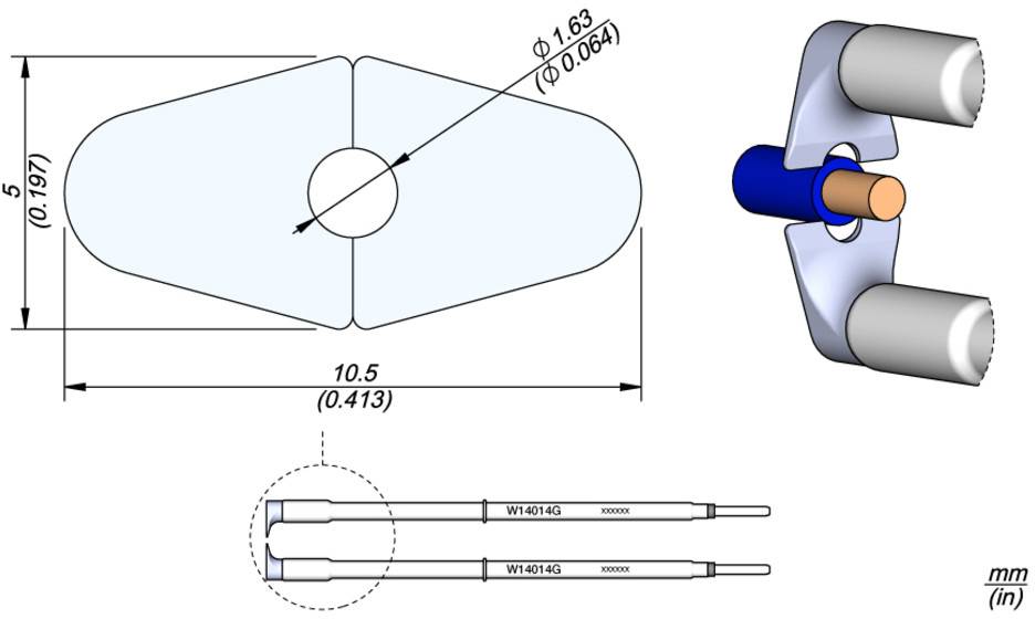 'Technical drawing shows an oval component with dimensions in inches and mm, along with a 3D representation and detailed view of the ends.'