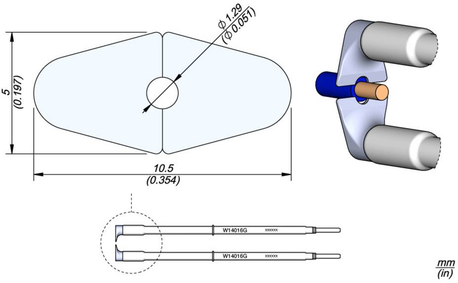 'Technical drawing of a component with dimensions in millimetres and inches. Detailed view shows cross-sectional and longitudinal views of the element.'