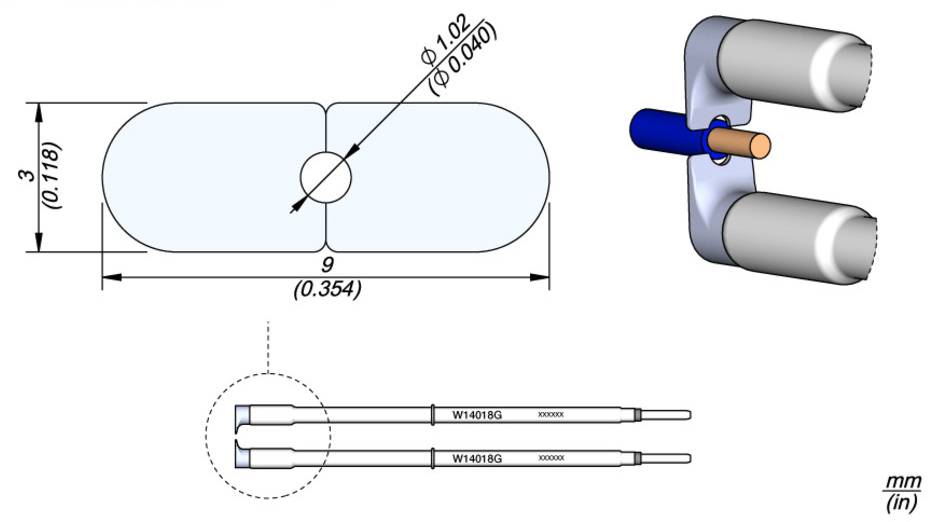 Technical drawing of a component with dimensions. Top left: detail view with dimensional specifications. Right: perspective view. Bottom: scale with two long tubes.