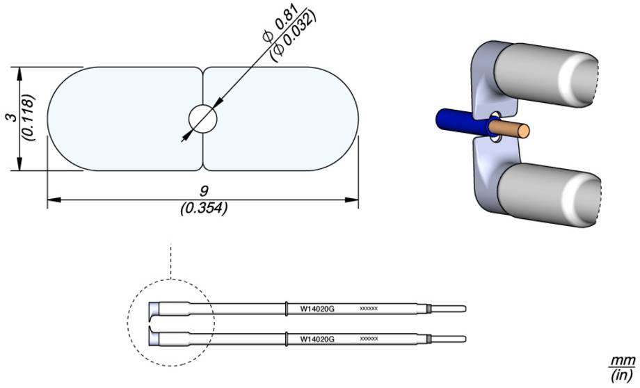 Technical drawing of a component with dimensions in millimetres and inches. Three views: front view, side view, and a 3D perspective.