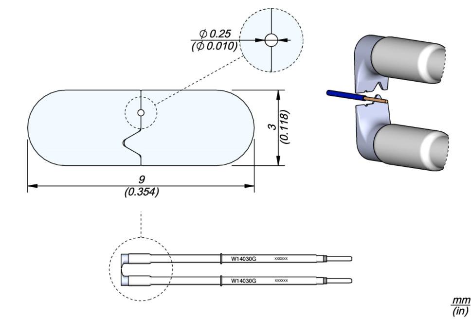 Technical drawing of a component with dimensions in millimetres and inches, details of hole sizes and connecting elements.