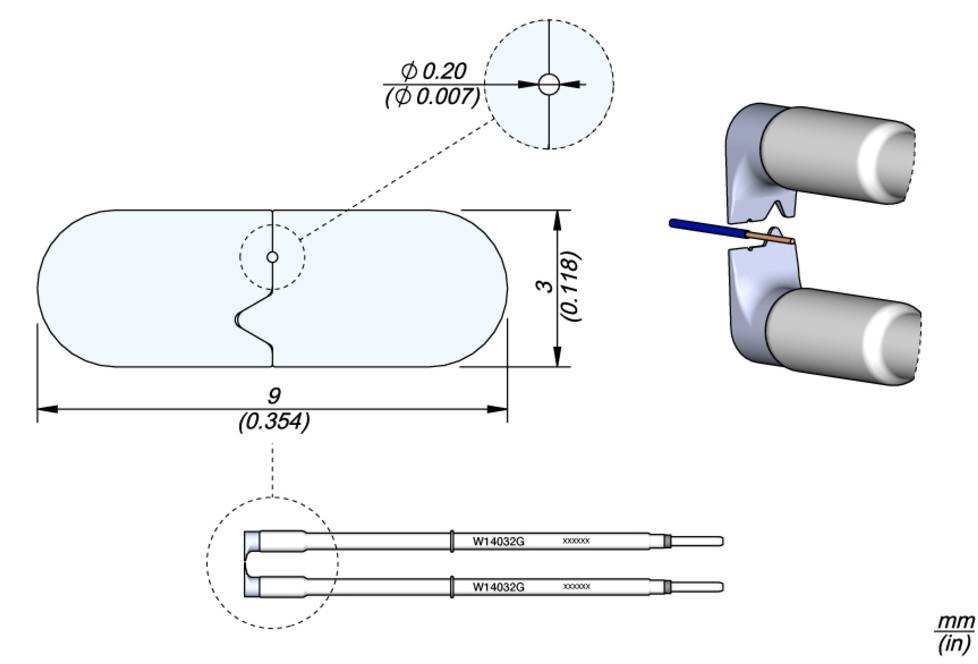 Technical drawing of a cylindrical component with dimensions in millimetres and inches. Shows section view, top view and connection elements.