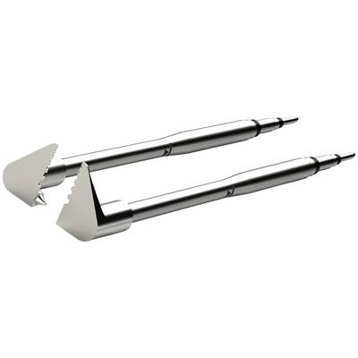 Two silver tools with serrated ends, similar to pliers, are lying side by side. They are made of metal and appear robust.