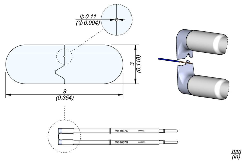 Technical drawing of a micropart with dimensions: length 9 mm, width 3 mm, detailed views, and two probes with labels.