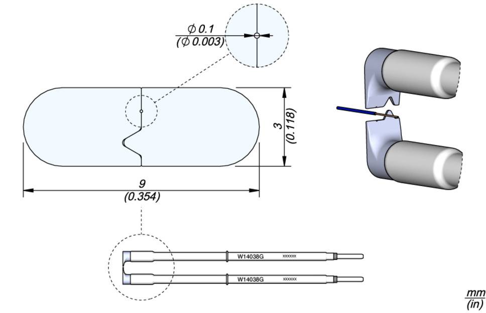 Construction sketch of a component with detailed dimensions and two side views. Includes diameter and length specifications.