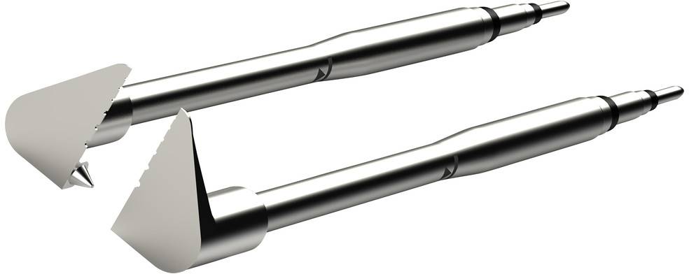Two sharp, metallic drill bits with wide, shovel-shaped tips that can be used for penetrating materials.