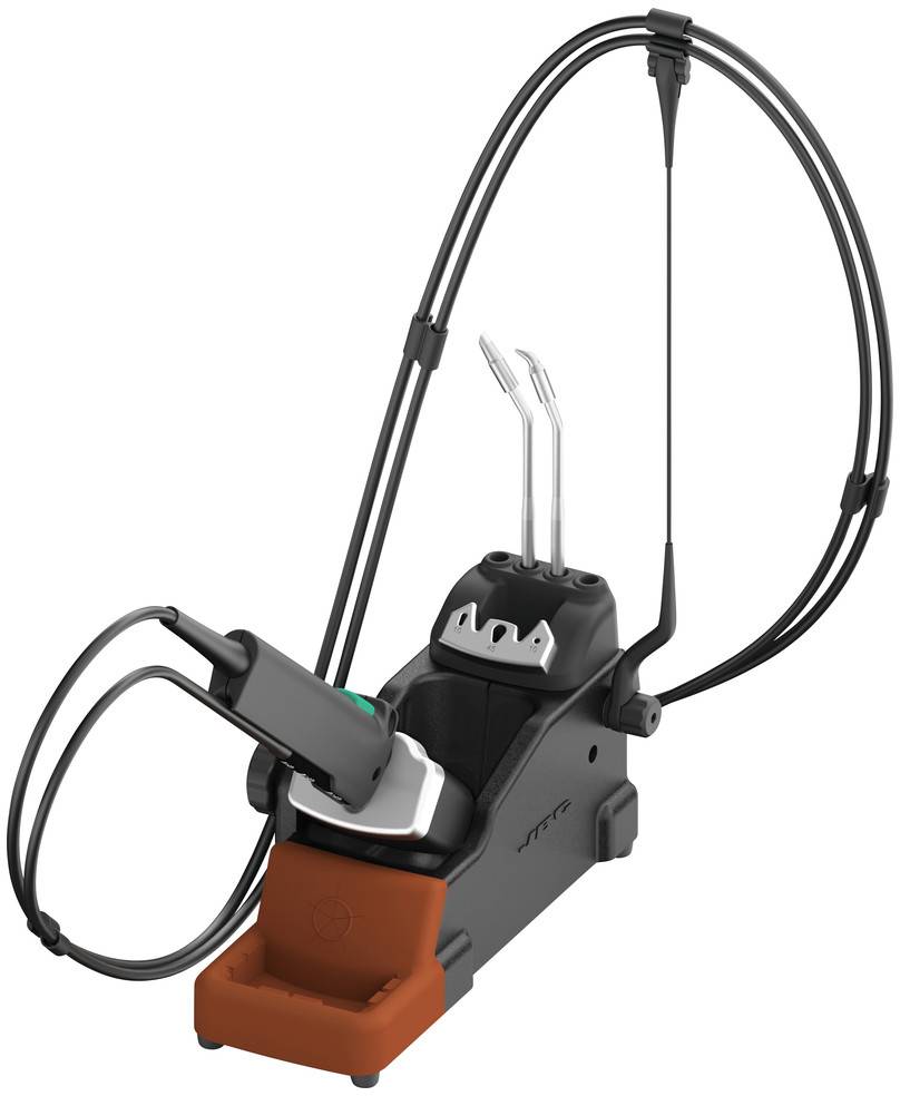 A medical endoscopy device with two articulated arms and control elements, used for examination and treatment.