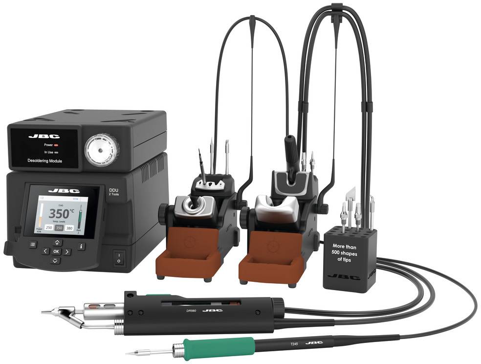 Desoldering station with various soldering tools and accessories. Main module displays 350°C. Two holders, each with a soldering iron.