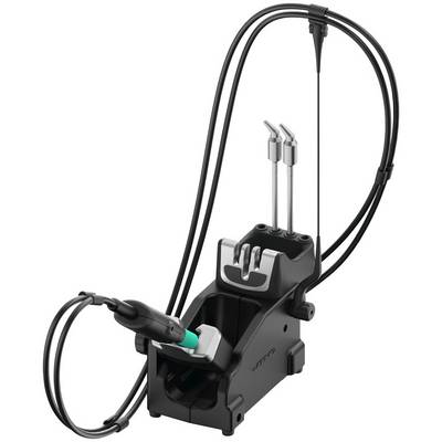 A metal component containing accessories such as a cable holder and two hooks pointing in different directions.