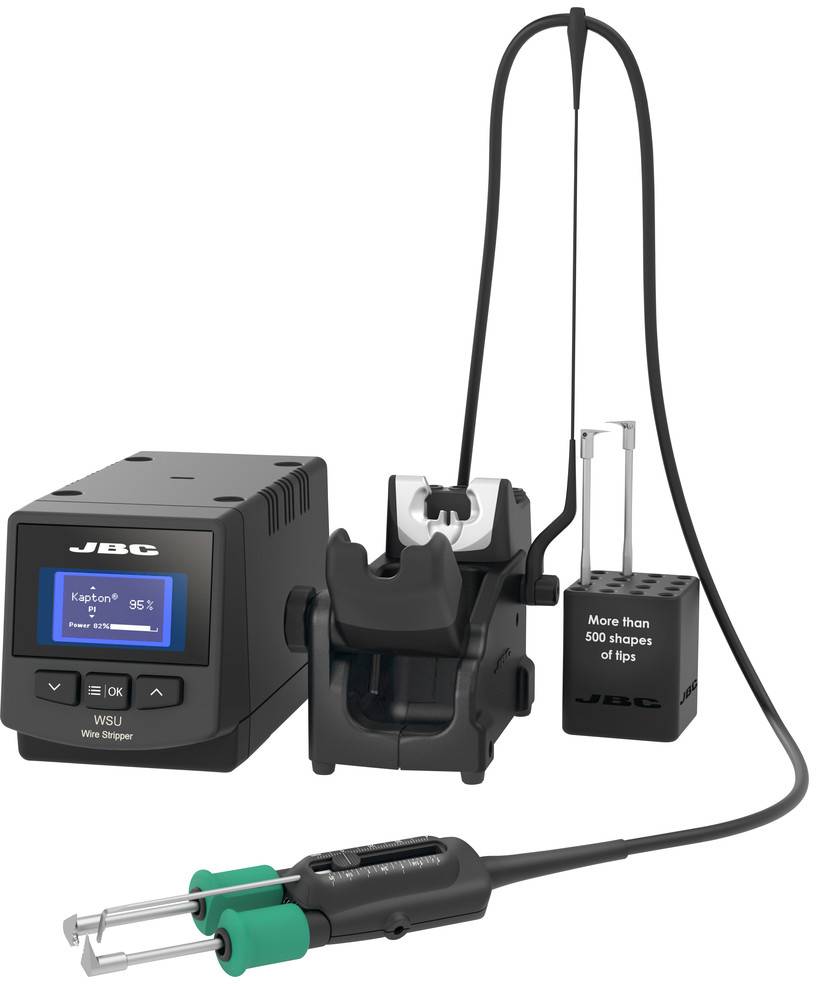 Digital soldering station by JBC with digital display, soldering iron and accessories. Display shows 'Kapton - 95%'. Suitable for precision soldering work.