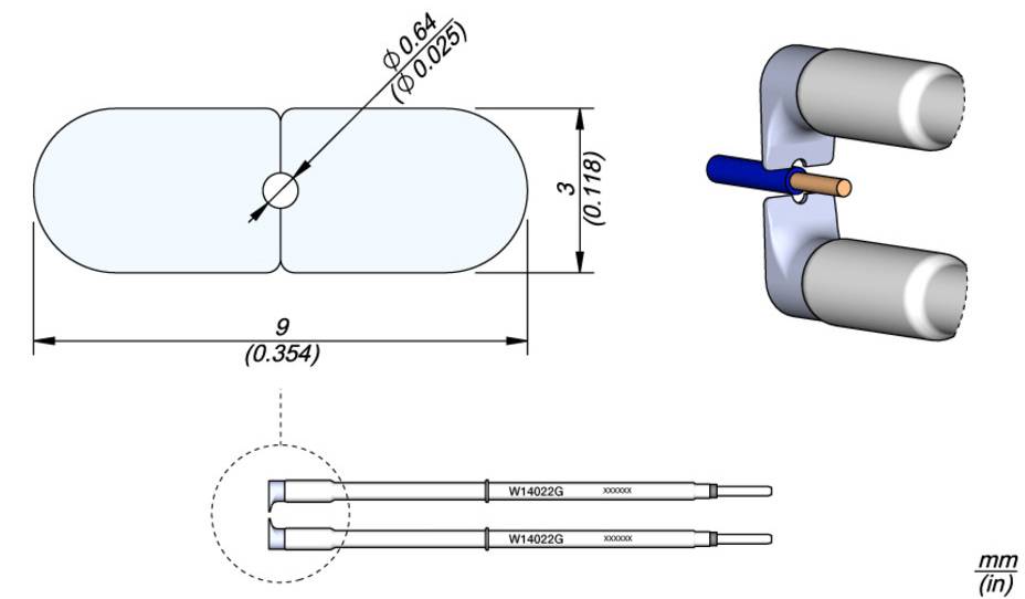 Mechanical drawing of a component with dimensions. Two cylindrical parts top right, detailed representation bottom left.