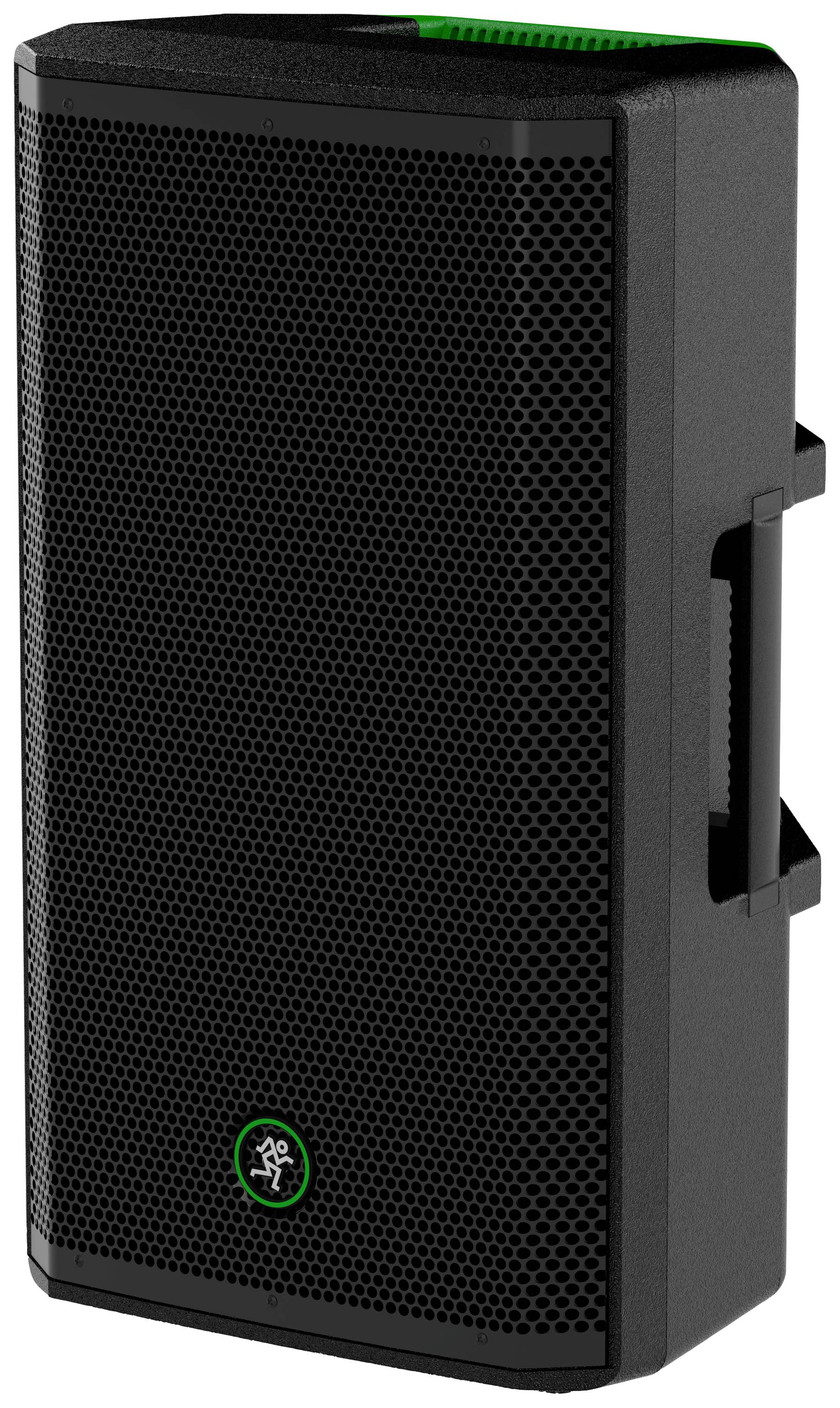 A black speaker with a handle on the side and a green symbol on the front.