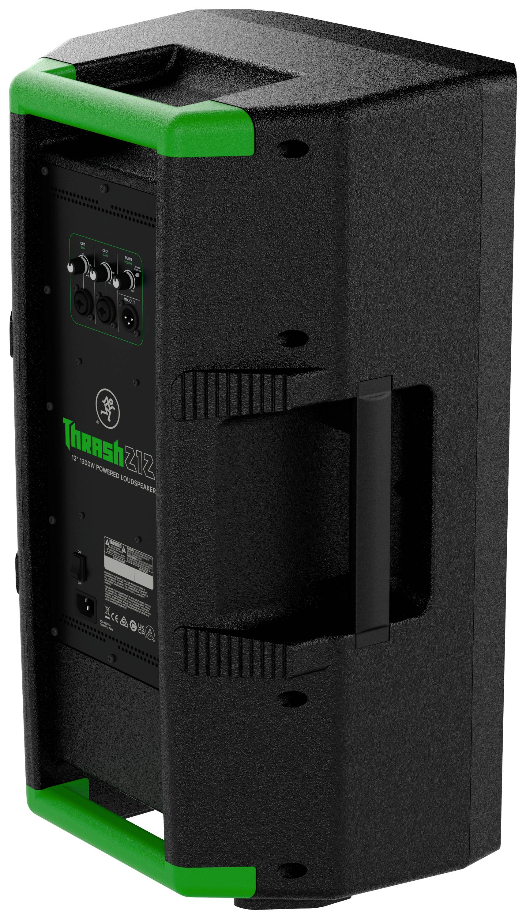 A black, portable speaker with green accents and multiple input sockets on the back.