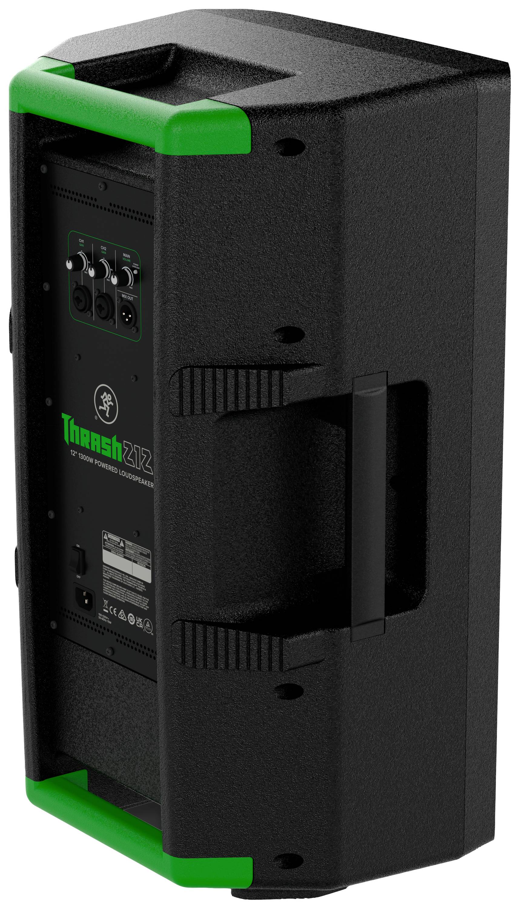 A black speaker with a green design element. Shows rear view with connections and handle for easy transport.