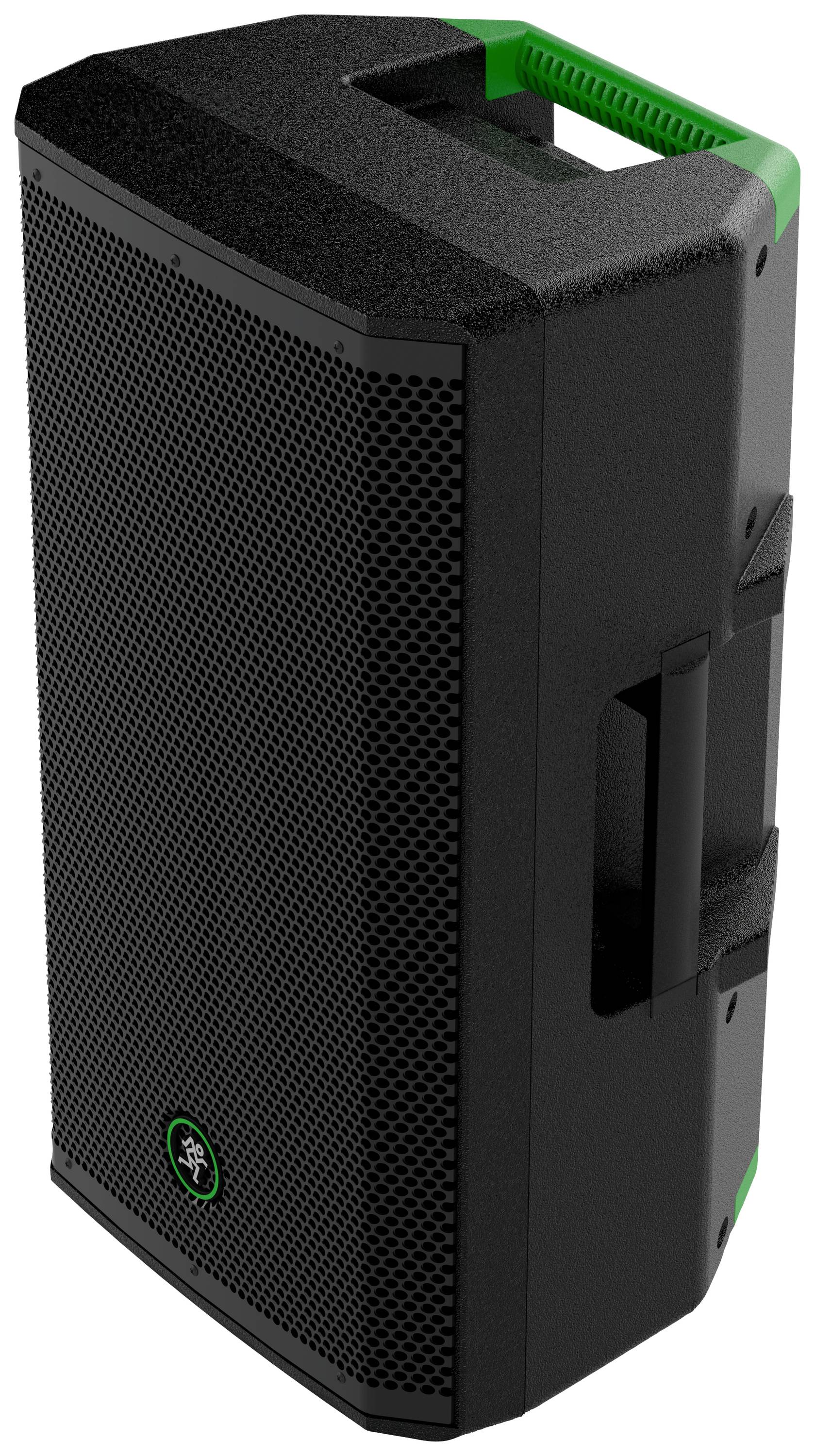 A black, rectangular speaker with a green handle and logo on the front, suitable for events or parties.
