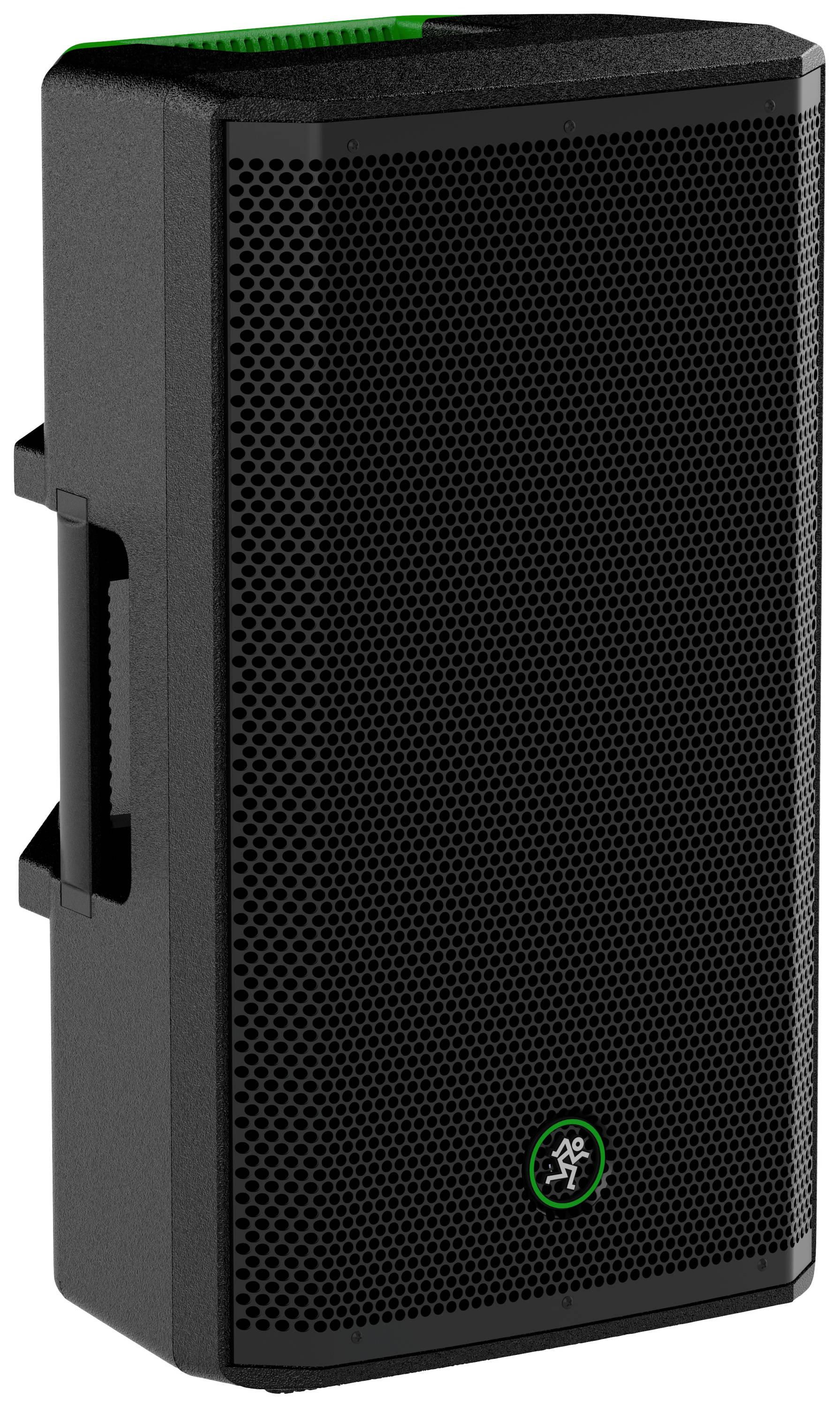 Black speaker with green logo on the front and green accent on top.