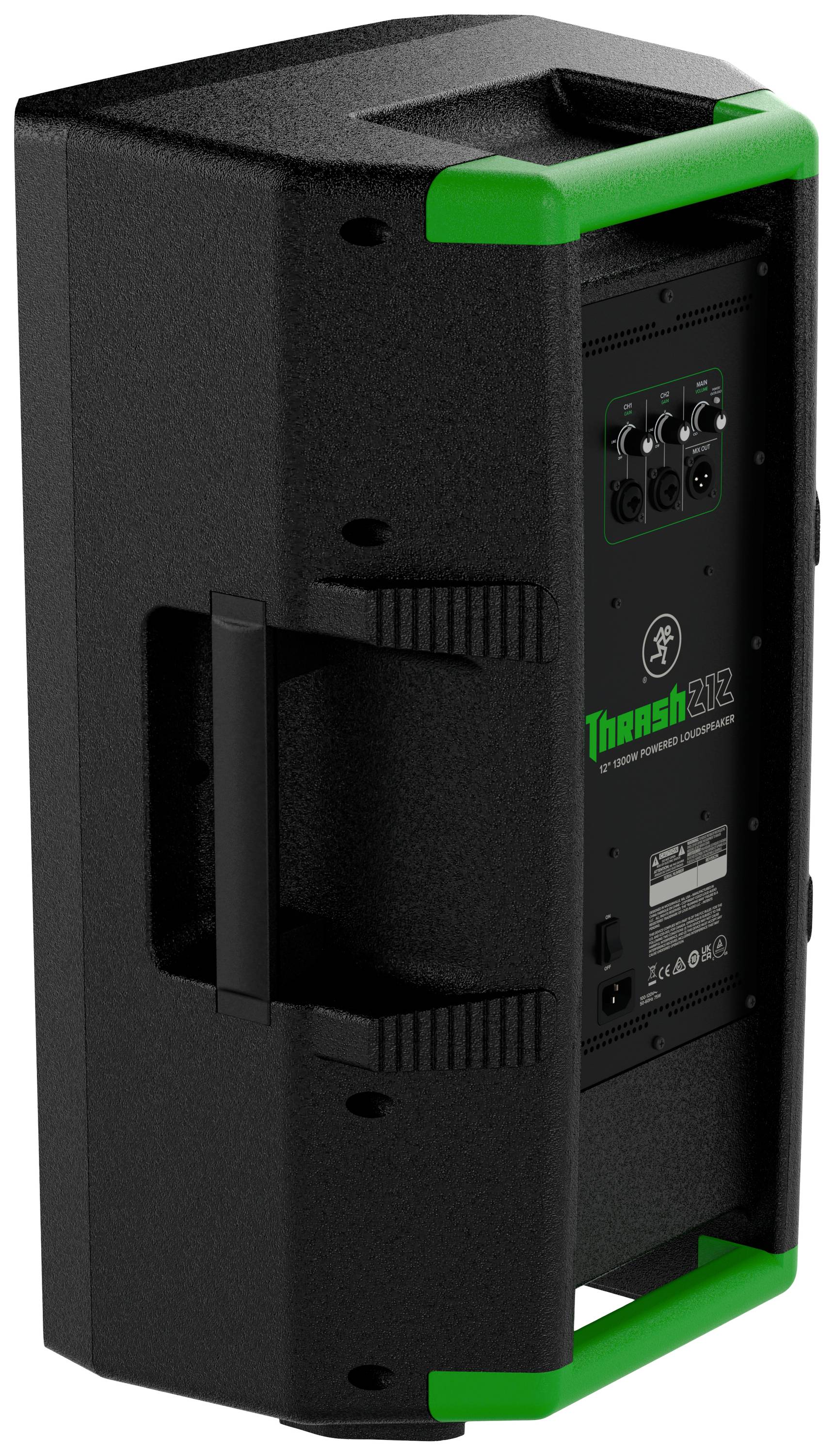 Speaker box with handles on the side, black enclosure and green accents. Connections and control elements on the rear panel.