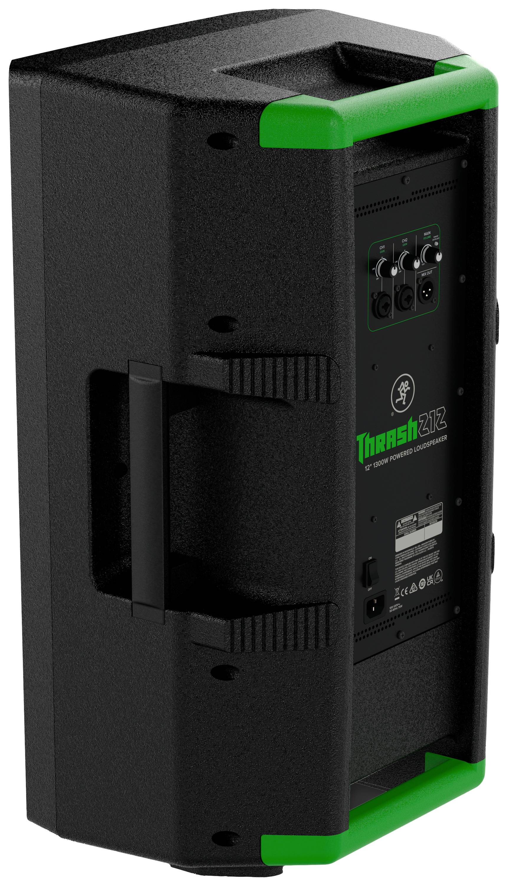 Black loudspeaker in portrait orientation, with green corners, visible connections and carry handles.