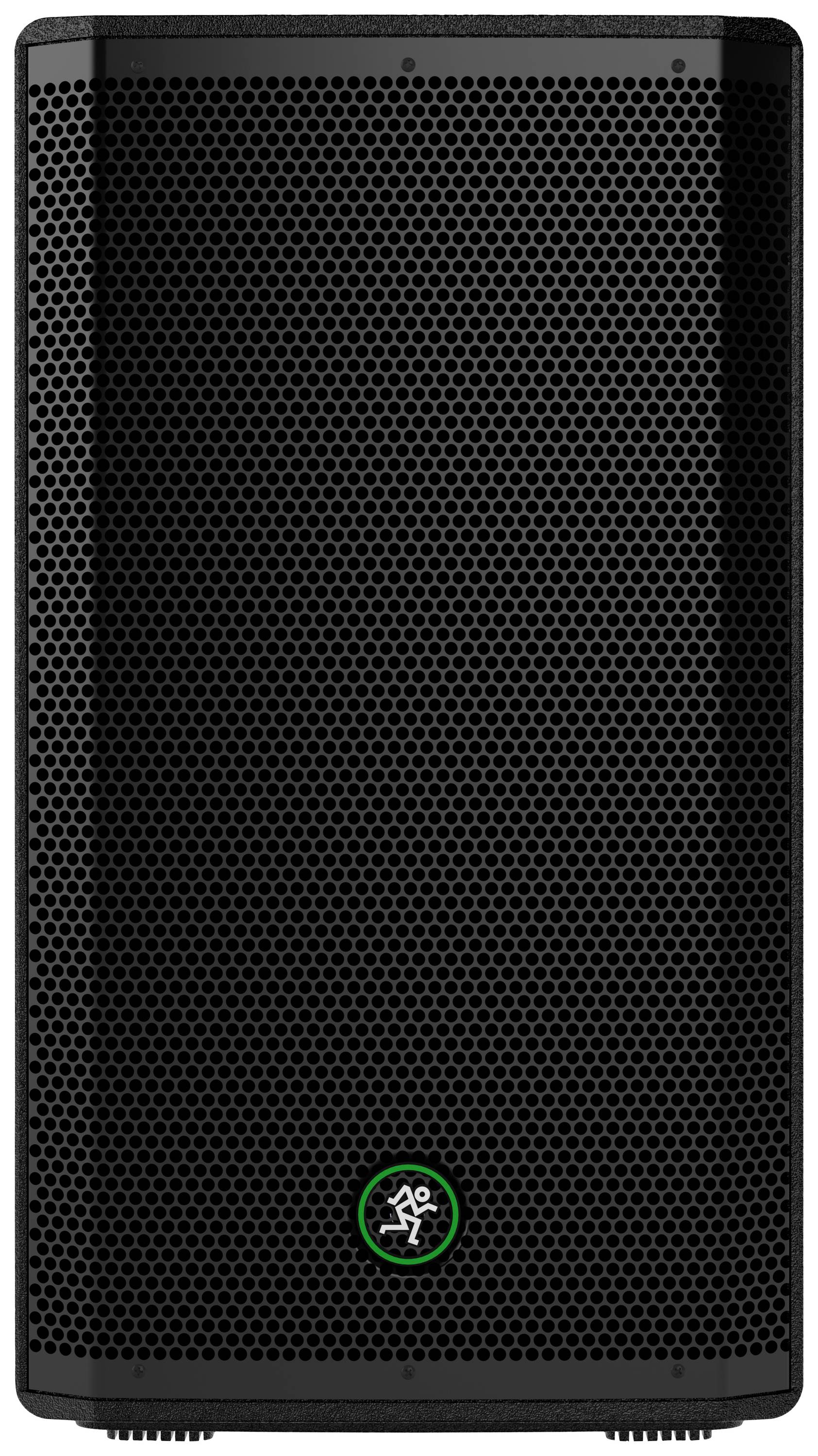 Black speaker with a green logo at the bottom. The grille at the front covers the entire surface.
