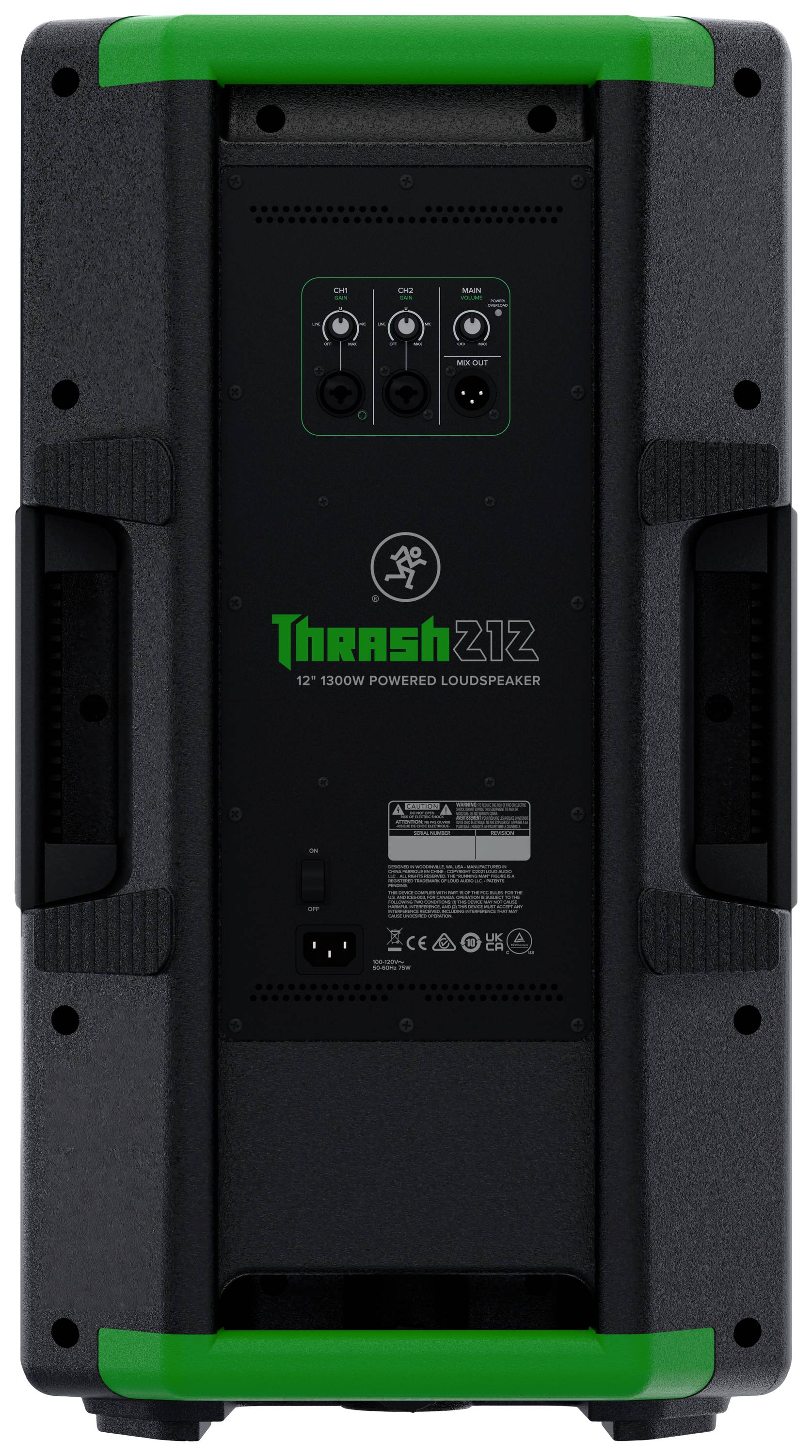 Back of a black speaker with green elements and connections for power supply and audio inputs at the top centre.