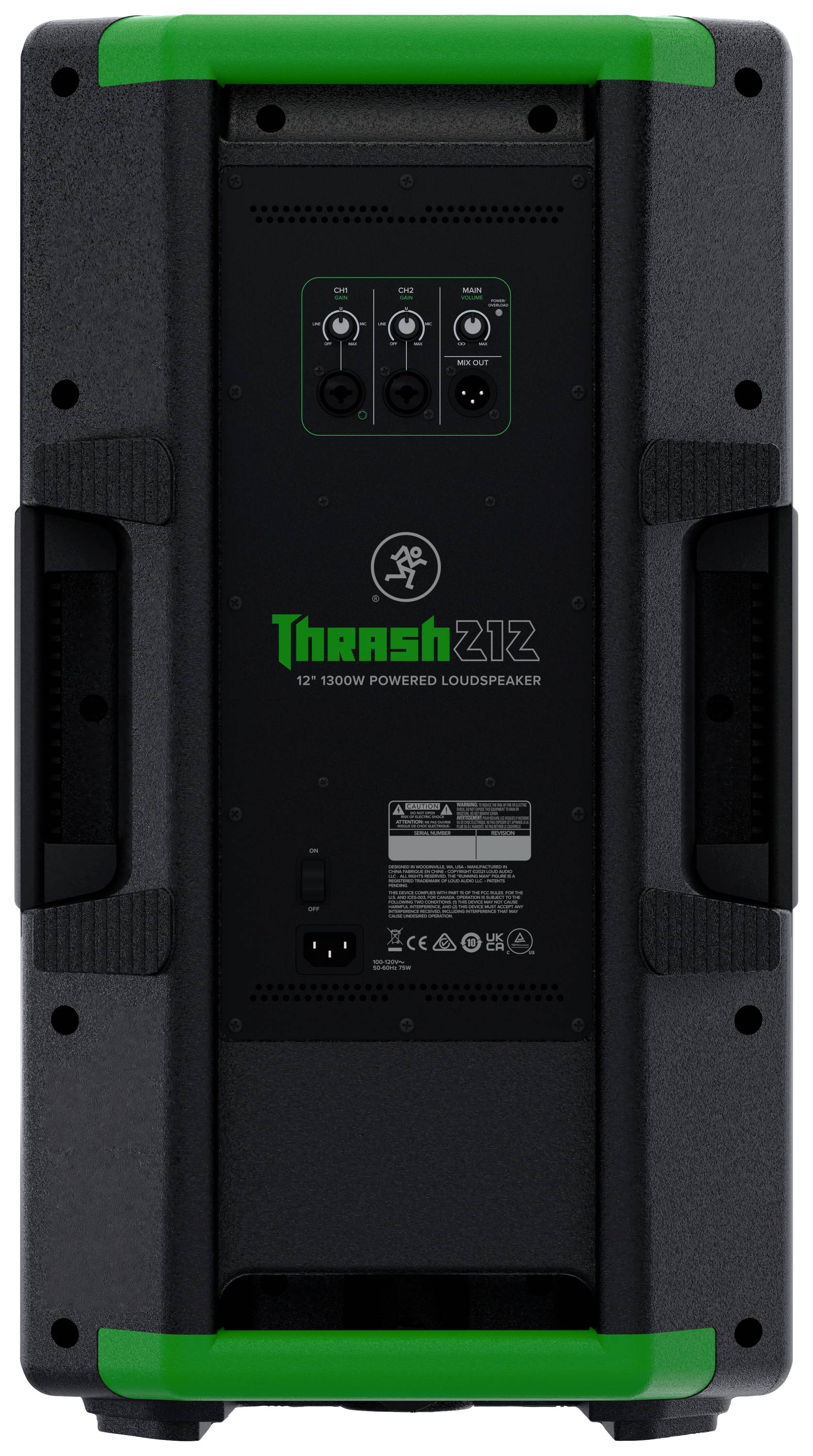 Loudspeaker rear with input sockets and brand label 'Thrash 212'. Green accents on the casing, power and audio connections visible.