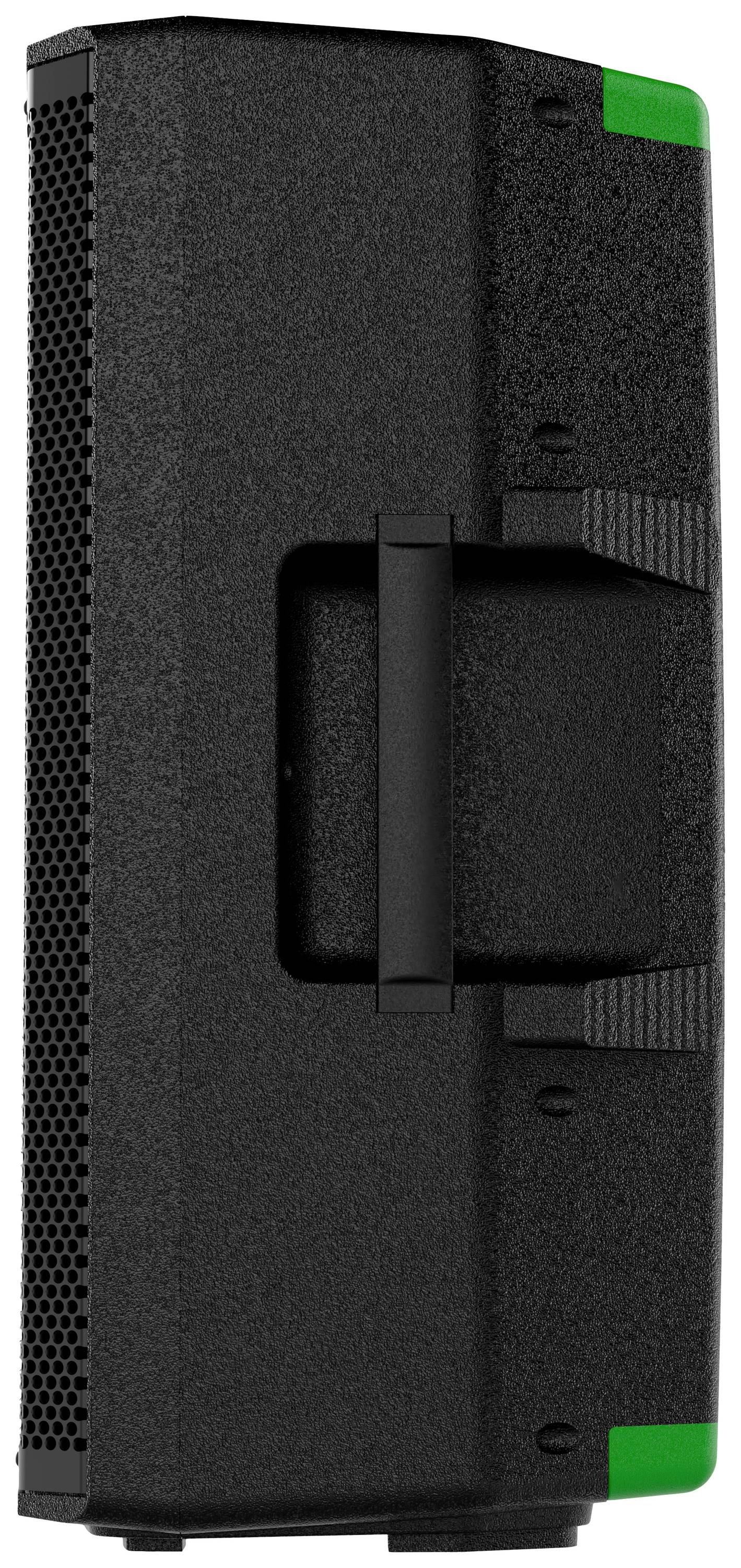 Black, vertical speaker with green corners; side ventilation grilles and handle visible.