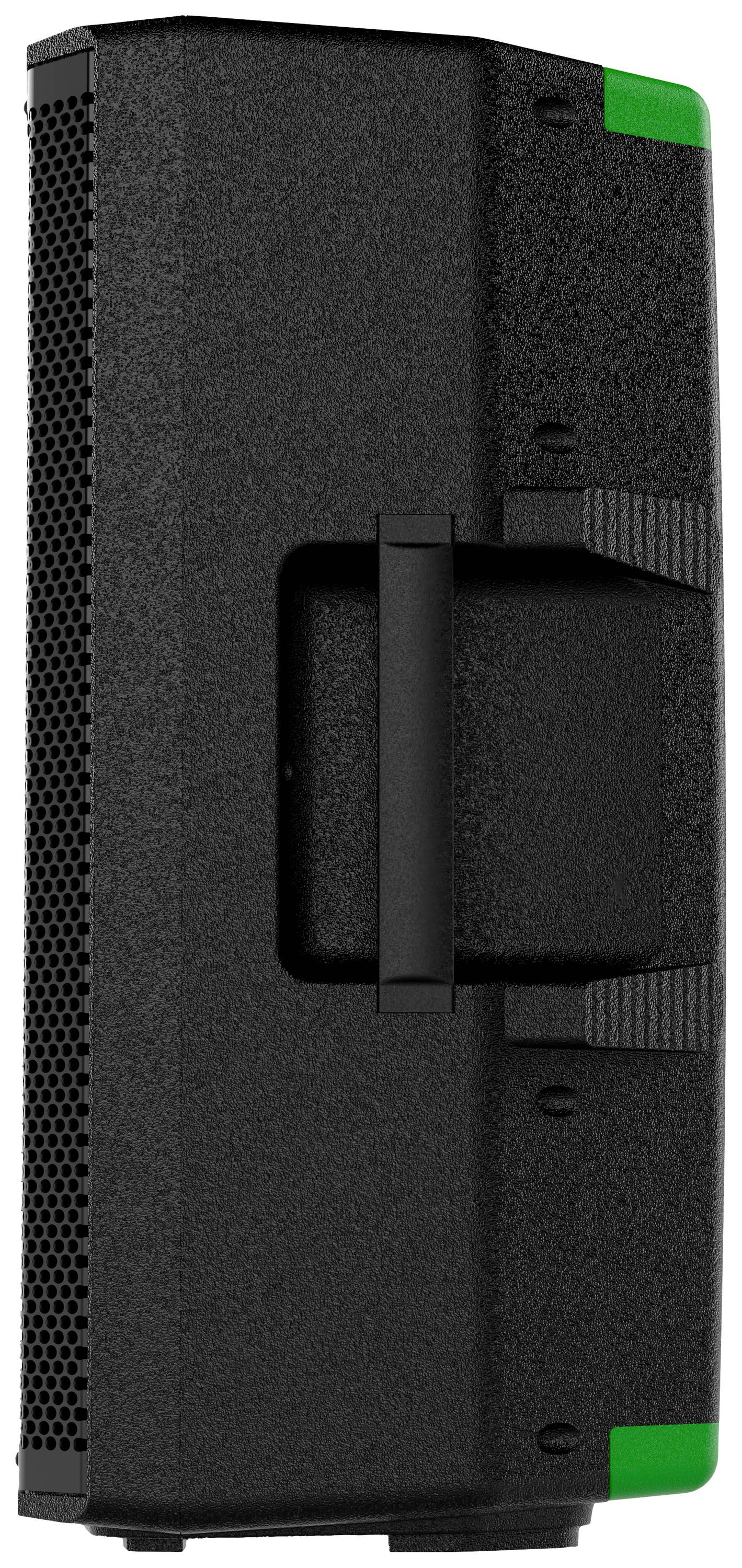 A black, rectangular speaker with a green accent at the corner, side view showing a grille pattern and carry handle.