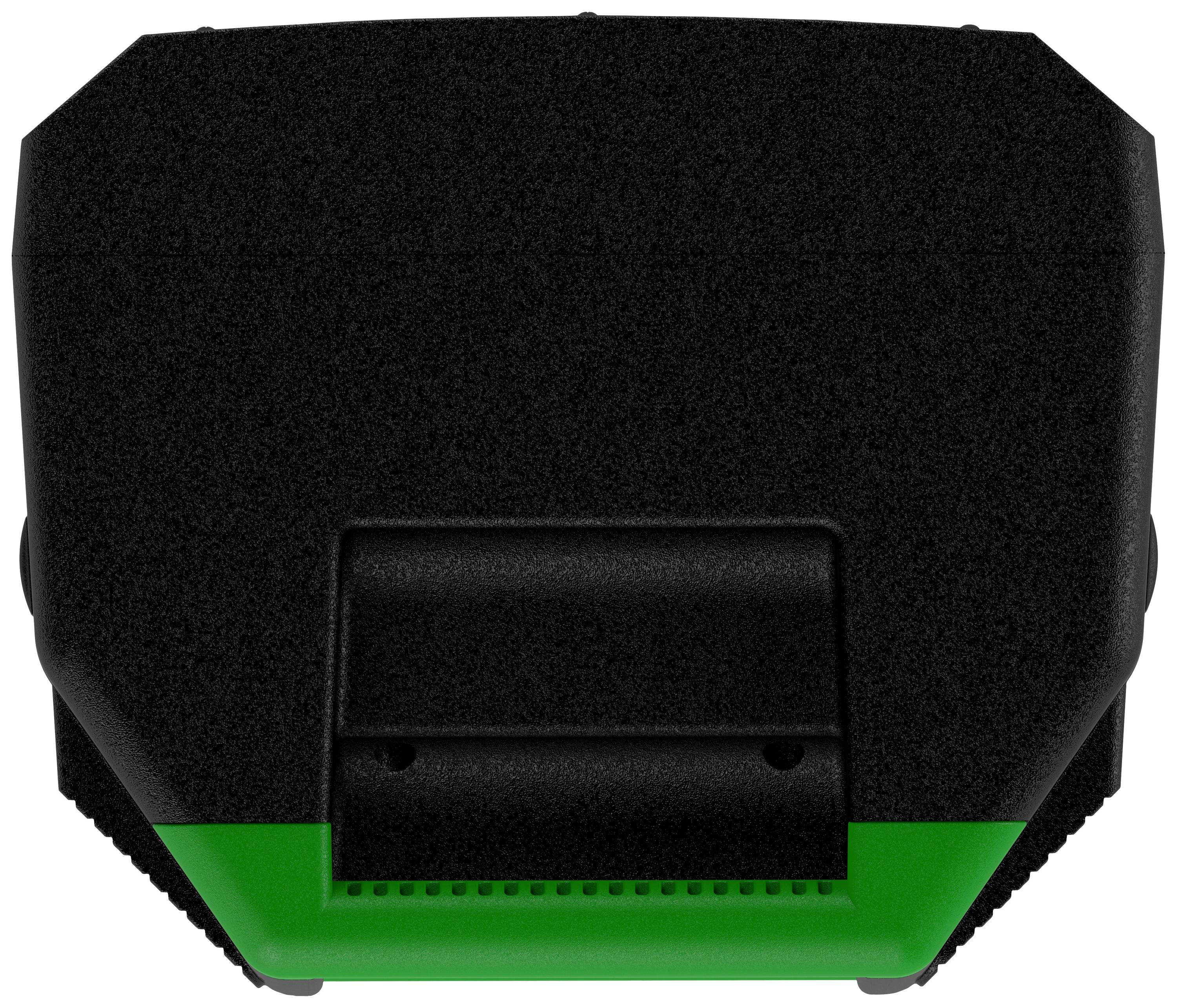 A black, pentagonal device with a green stripe along its base. Device is visible from above, with an LED or light strip visible.