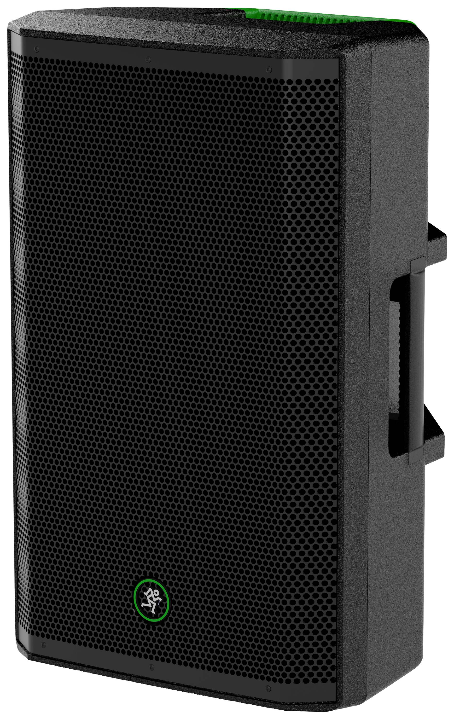 A black speaker with a green illuminated logo on the front. Suitable for professional audio applications.