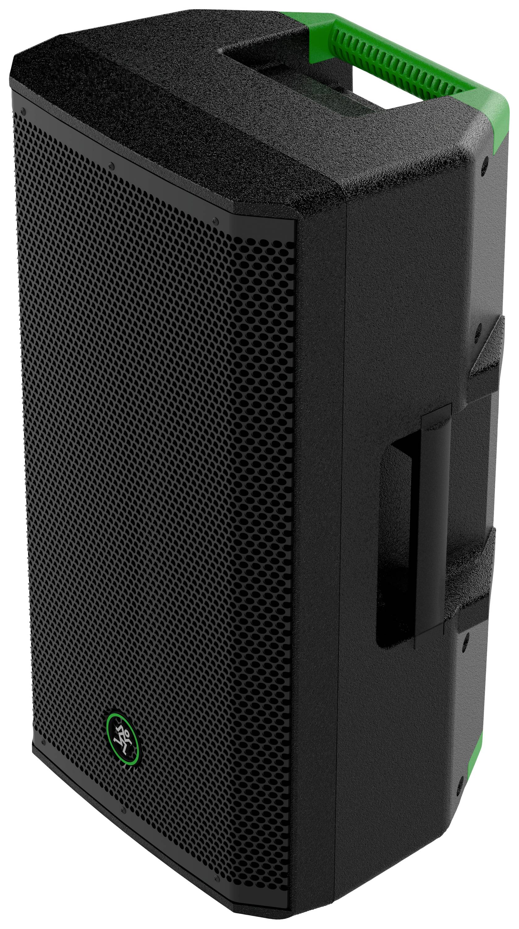 A black, upright loudspeaker with a green carrying handle and brand logo at the bottom. Suitable for professional audio applications.