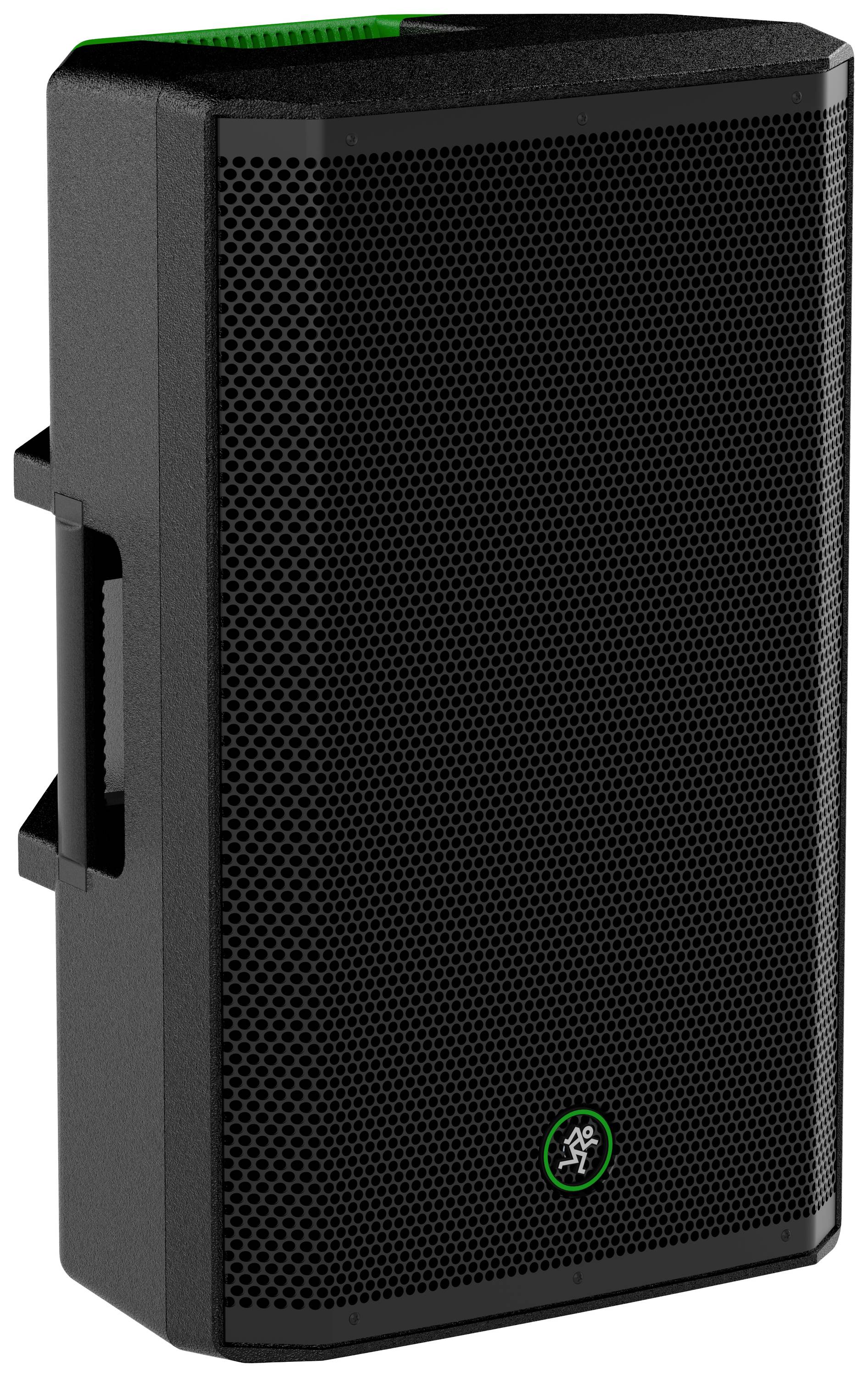Black speaker with green logo on the front, rectangular shape with handle on the left side.