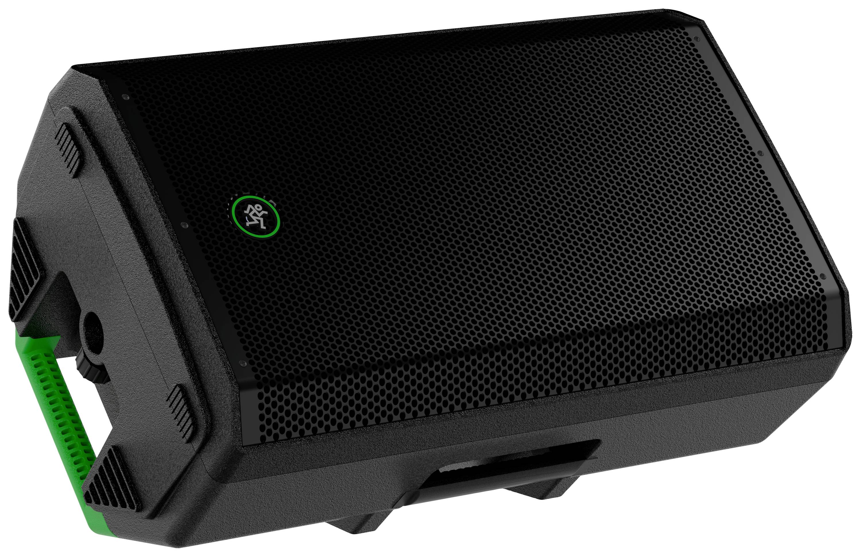 Black portable speaker with green handle, lying down, with a company logo visible on top.