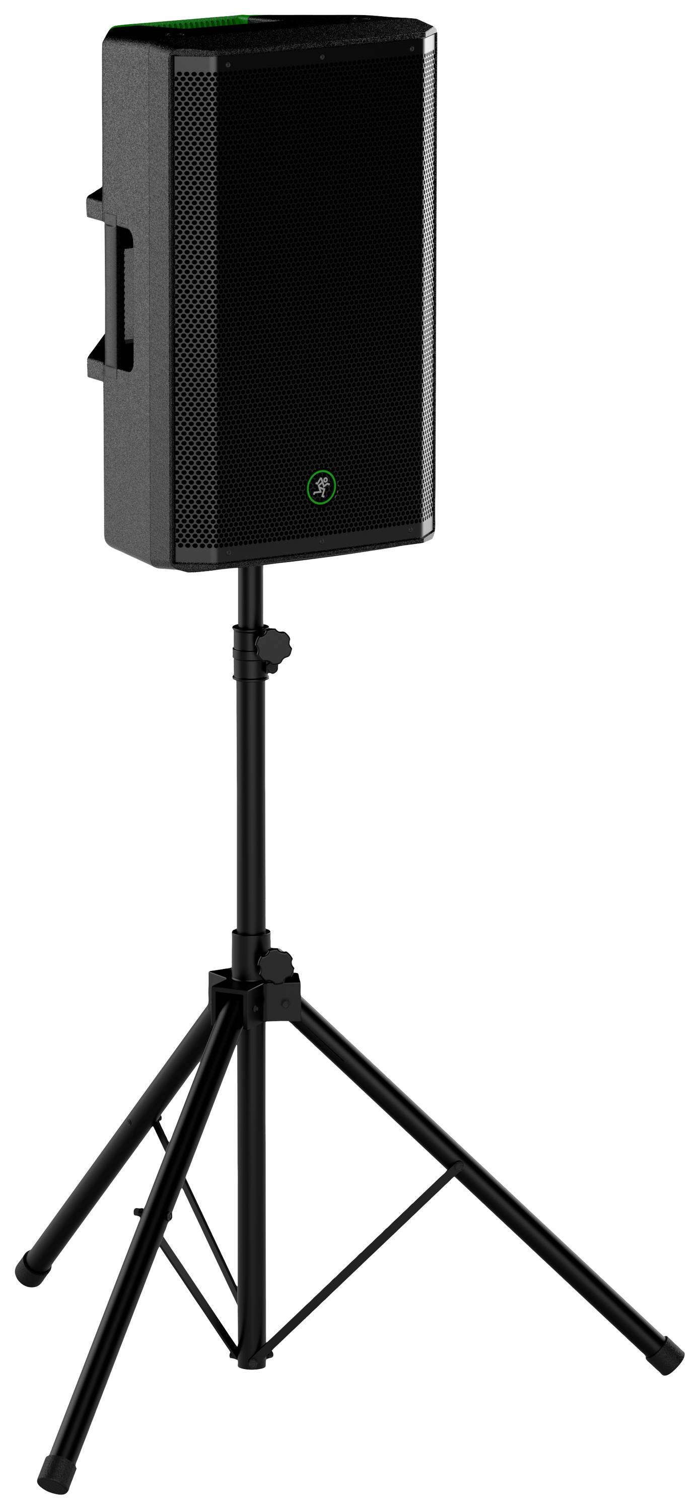 A black loudspeaker on a stand, ready for an event or presentation in a room or outdoors.