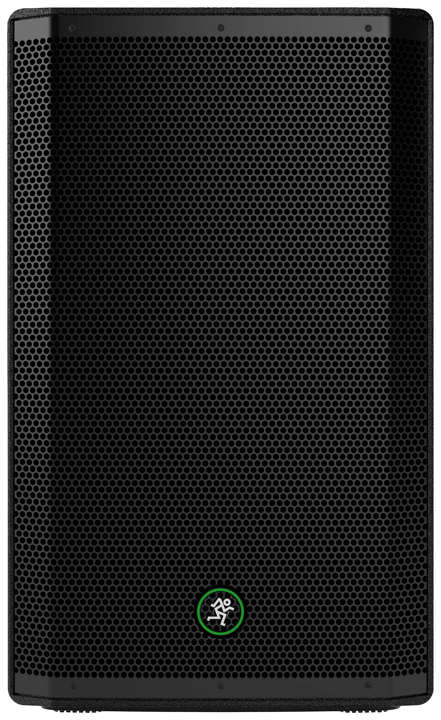 Black speaker with perforated grille design and green logo positioned centrally at the bottom, suitable for use in professional audio setups.