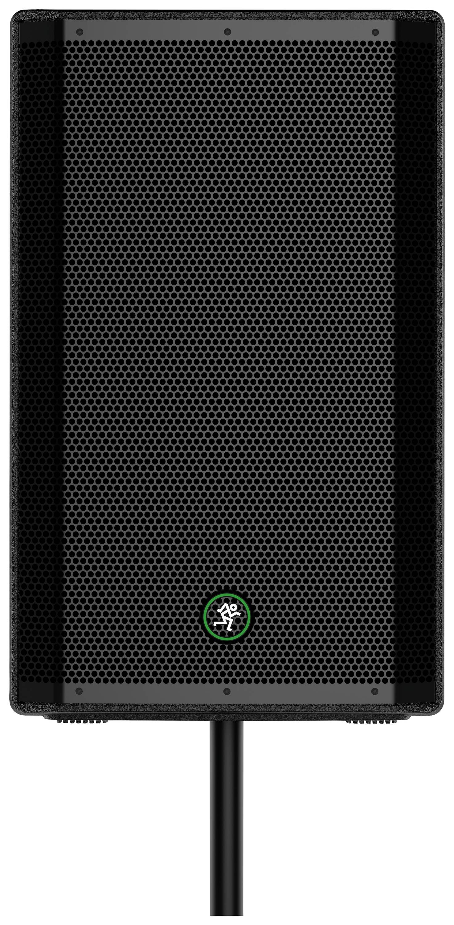 Black speaker with green logo on stand.