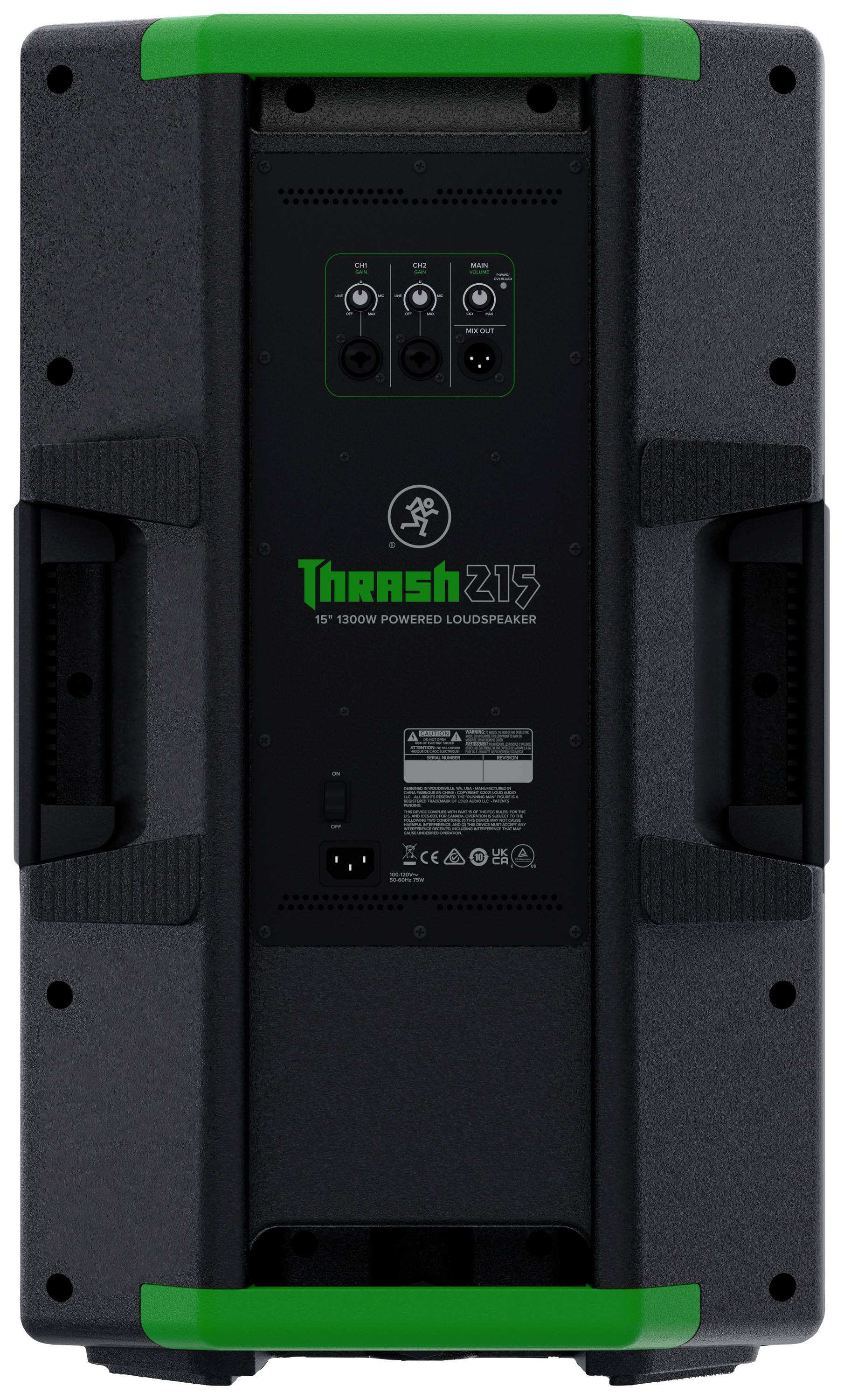 Back of a black speaker with a green 'Thrash 212' logo, showing connections and controls at the top and bottom, suitable for professional audio applications.
