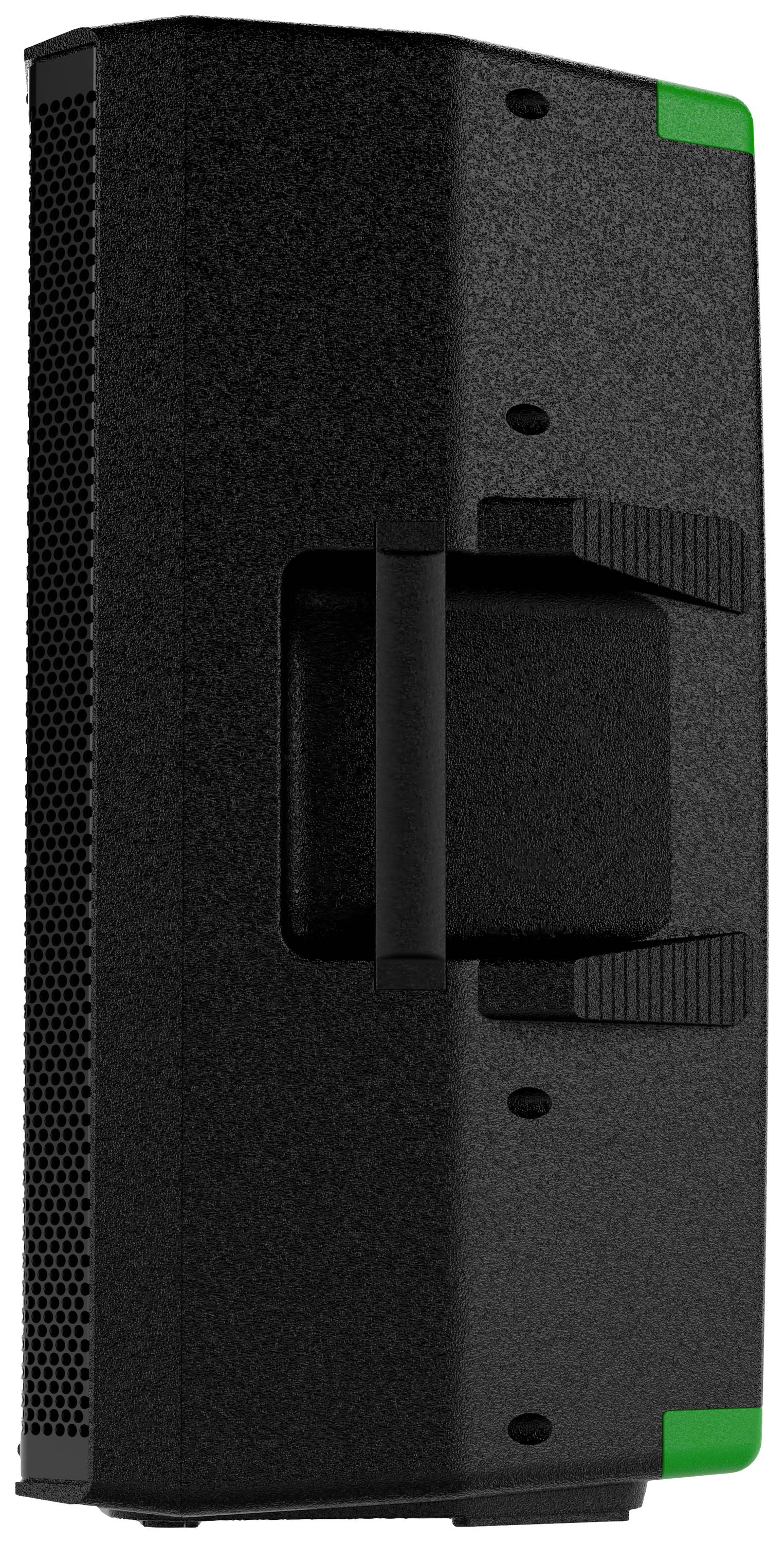 A black LED screen from the side, with a green accent. Shows modular arrangement and ventilation slots for heat dissipation.