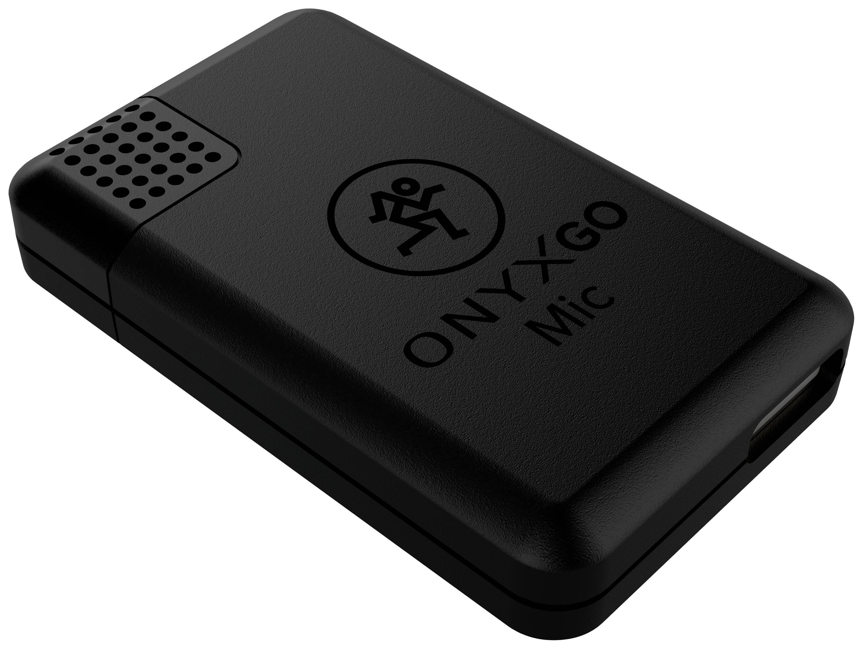 A black, rectangular wireless microphone with the inscription 'ONYXGO Mic'. The microphone has ventilation openings and a small logo.