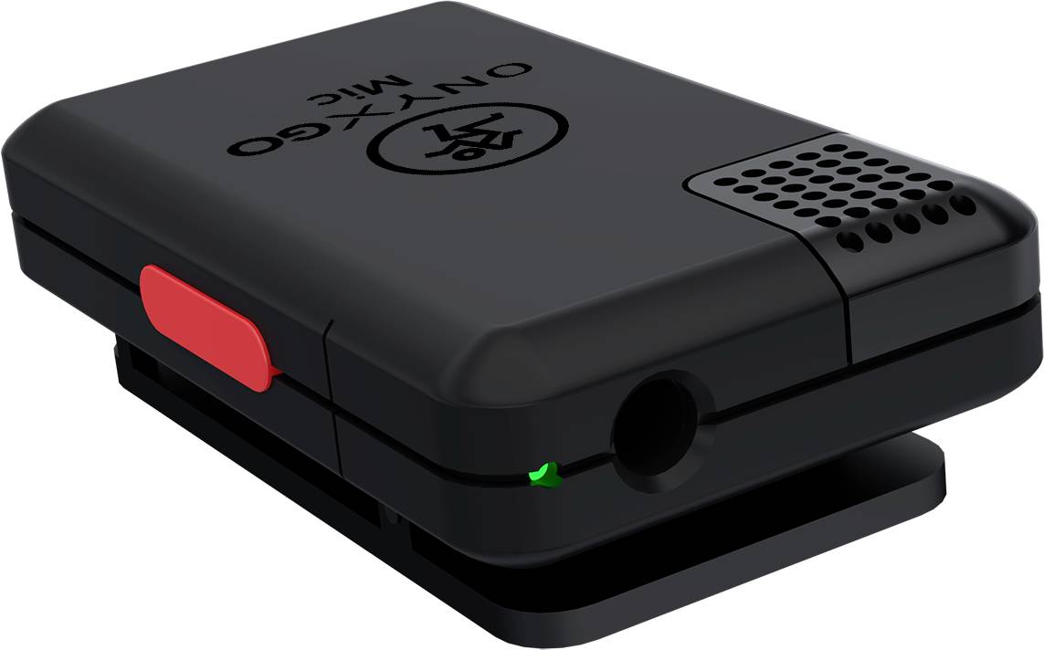 Black wireless microphone with red switch and green LED indicator. Compact and portable, suitable for mobile recordings.