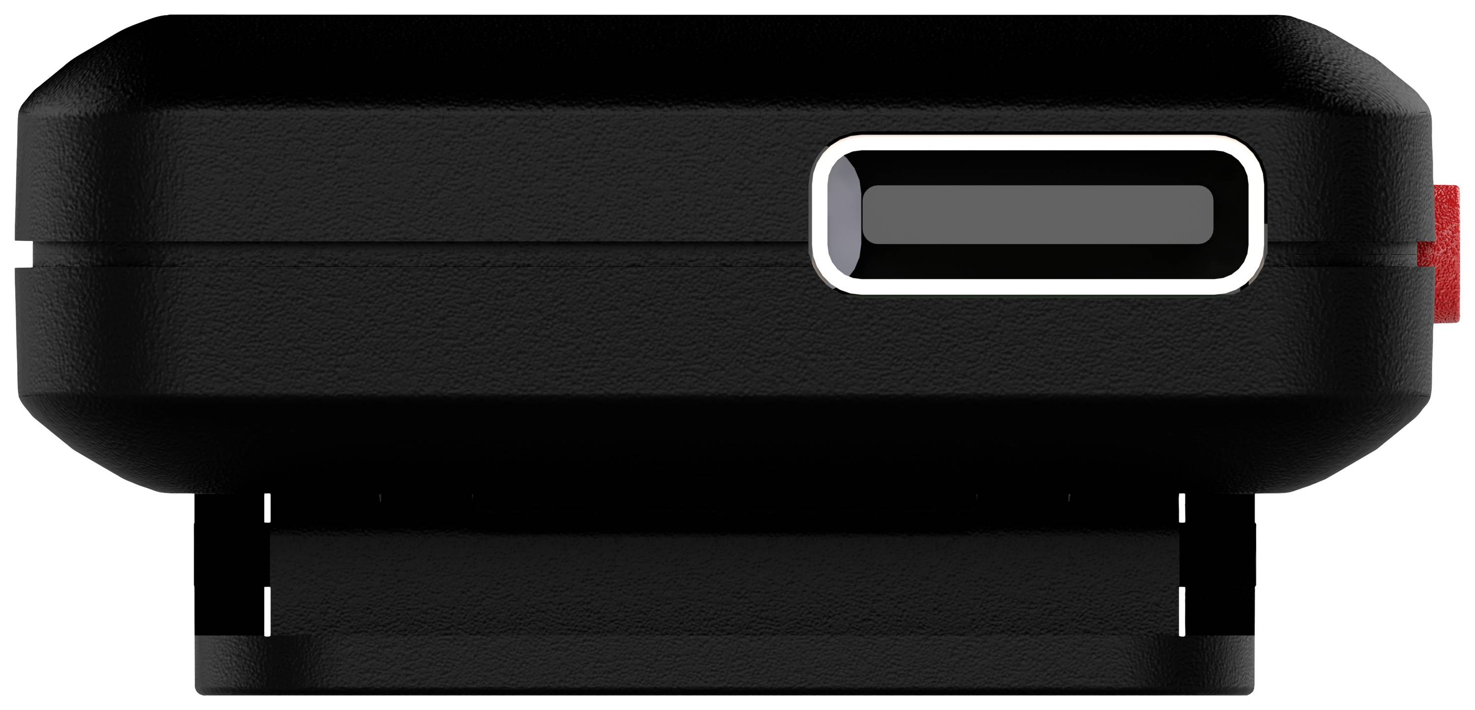 Black, rectangular electronic device with a narrow, horizontal display and a red button on the side.<br><br>(Note: The translation is already in British English and sounds natural as-is.)