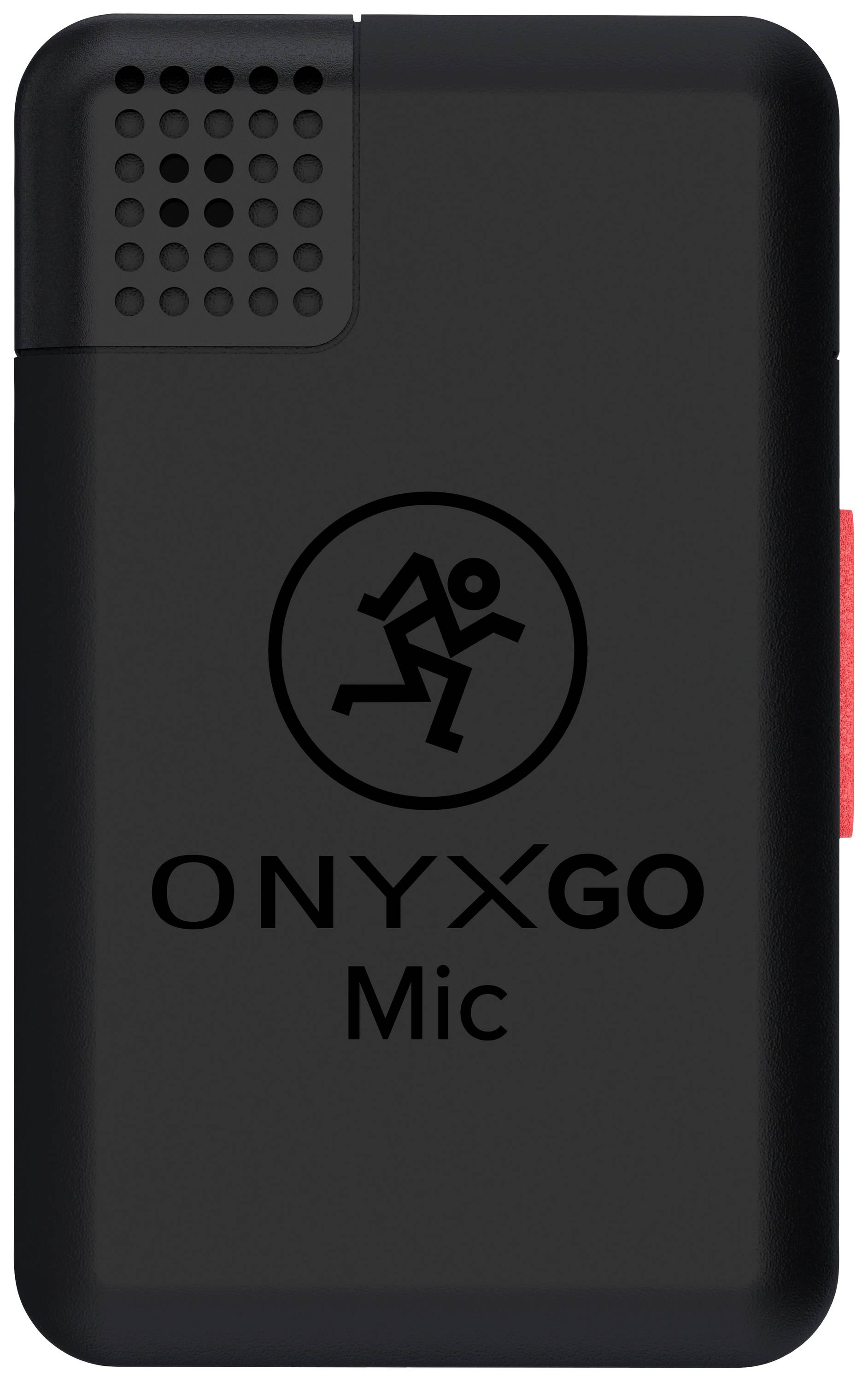Black ONYXGO Mic with speaker grille in the top left, simple control buttons and clear brand identification. Compact and portable.