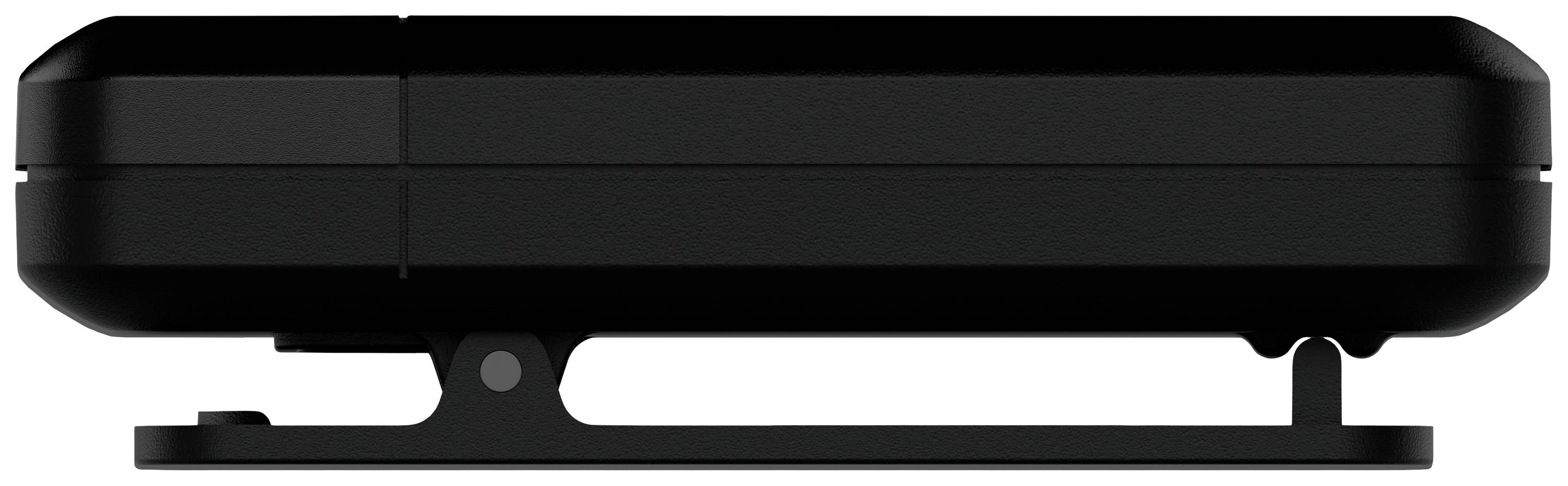 A black electronic device with a flat, rectangular shape, lying sideways on a stand.