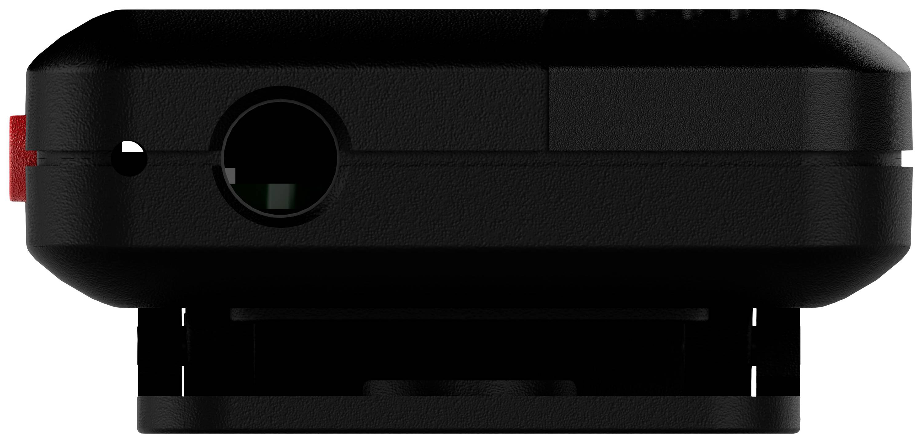 Black electronic device with a round socket on the left side, upper edge with several small openings.