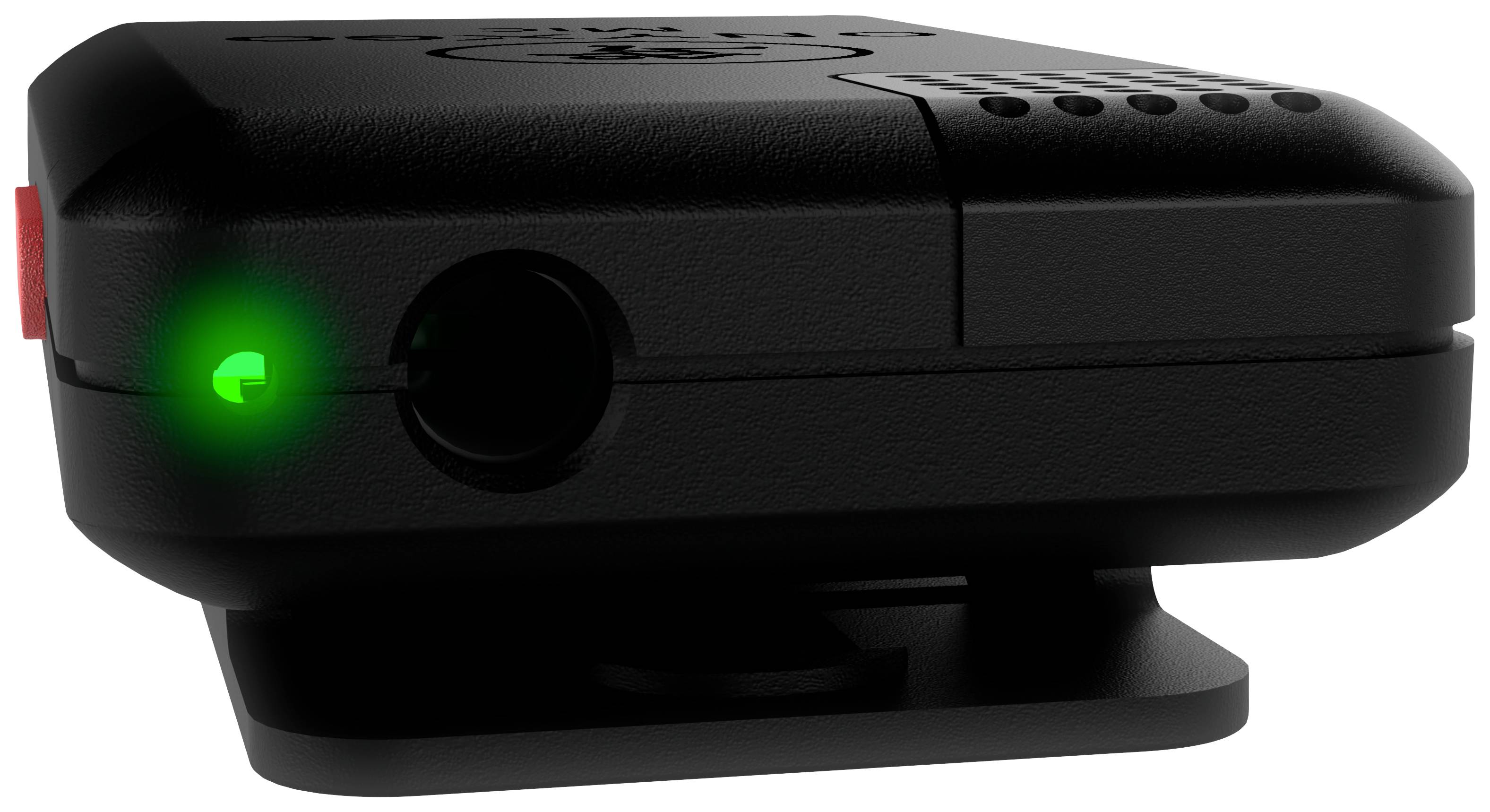 Black electronic device with a glowing green indicator light on the side, viewed at an angled perspective, against a white background.